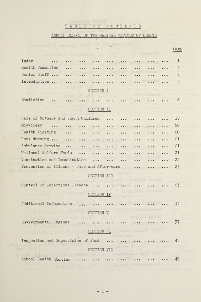 TABLE OF CONTENTS ANNUAI REPORT OF THE ITEBICAL OFFICER OF HEALTH Page Index •«a Health Committee Senior Staff •.« Introduction ,. 0 a « 0 • Statistics O «U o • • 0 • • V • • O a • a o a a a a a a SECTION 1 a a a a a SECTION 11 • 00 000 000 000 000 a o a a 0 0 0 0 0 0 0 0 0 0 0 0 0 0 0 O 0 Care of Mothers and Young Children Midwifery Health Visiting Home Nursing ,.. Ambulance Service National Welfa,re Foods Vaccination and Immunisation Prevention of Illness - Care and After-care 0 0 0 0 0 0 0 0 0 0 0 0 0 0 0 0 0 0 0 O 0 0 0 000 000 000 eo0 SECTION 111 Control of Infectious Disease Additional Information Environmental Hygiene Inspection and Supervision of Food ' 0 a 0 000 SECTION r/ 0 a 0 000 SECTION V 000 000 SECTION VI ‘ Food 0 0 0 SECTION Vll 0 0 O 0 0 0 0 0 0 0 0 0 0 0 0 0 000 000 000 0 0 0 0 O 0 O o 0 0 a 000 000 000 0 0 0 0 0 0 1 2 2 3 18 20 20 21 21 21 22 23 ••• ««• ••• 25 ••• 33 37 45 000 000 000 000 000 49 School Health Service 000