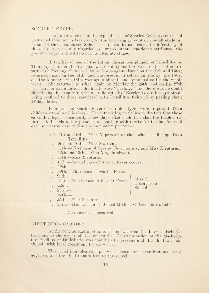SCARLET FEVER. The importance of mild a-typical cases of Scarlet Fever as sources of continued infection is borne out by the following account of a. small epidemic in one of the Elementary Schools. It also- demonstrates the inf activity of the early case, usually regarded as low; common experience attributes the greater danger to the disease in its ultimate stages. A teacher of one of the infant classes complained of Tonsillitis on Thursday, October the 7th, and was off duty for the week-end. She re¬ turned on Monday, October 11th, and was again absent on the 12th and 13th; returned again on the 14th, and was.present at school on Friday, the 15th; on the Monday, the 18th, was again absent, and remained so for the whole week. She returned to school again on Monday the 25th, and on the 27th was sent for examination; the hands were “peeling,” and there was no doubt that the had been suffering from a mild attack of Scarlet Fever, her symptoms being confined to< those associated with Tonsillitis, followed by peeling about 18 days later. Four cases of Scarlet Fever of a mild type were reported from children attending this class. The interesting point lies in the fact that these cases developed consistently a few days after each date that the teacher re¬ turned to her class, her presence accounting with nicety for the incidence of each successive case within the incubation period: — Oct. 7th and 8th.—Miss X present at the school suffering from Tonsillitis. ,, 9th and 10th.—Miss X absent, ,, 11th.—First case of Scarlet Fever occurs, and Miss X returns. ,, 12th and 13th.—Miss X again absent. ,, 14th.—Miss X returns. ,, 15th.—Second case of Scarlet Fever occurs. ,, 18 th.-' ,, 19th.—Third case of Scarlet Fever. „ 20 th.— ,, 21st.—Fourth case of Scarlet Fever. ,, 22nd.— ,, 23rd.— ,, 24tli.— ,, 25th.—Miss X returns. ,, 27th.—Miss X seen by School Medical Officer and excluded. »s X absent from School. No more-cases occurred. DIPHTHERIA CARRIER. At the routine examination one child was found to have a discharge from one of the crypts of the left tonsil. On examination of the discharge the Bacillus of Diphtheria was found to be present and the child was ex¬ cluded, with local treatment for six weeks. This condition cleared up, two subsequent examinations were negative, and the child re-admitted to the school,