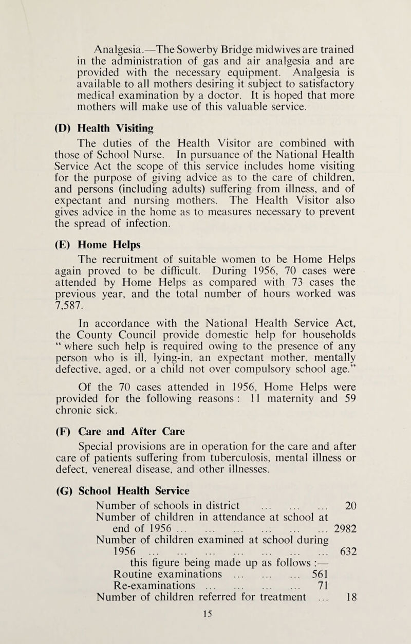 Analgesia.—TheSowerby Bridge midwives are trained in the administration of gas and air analgesia and are provided with the necessary equipment. Analgesia is available to all mothers desiring it subject to satisfactory medical examination by a doctor. It is hoped that more mothers will make use of this valuable service. (D) Health Visiting The duties of the Health Visitor are combined with those of School Nurse. In pursuance of the National Health Service Act the scope of this service includes home visiting for the purpose of giving advice as to the care of children, and persons (including adults) suffering from illness, and of expectant and nursing mothers. The Health Visitor also gives advice in the home as to measures necessary to prevent the spread of infection. (E) Home Helps The recruitment of suitable women to be Home Helps again proved to be difficult. During 1956, 70 cases were attended by Home Helps as compared with 73 cases the previous year, and the total number of hours worked was 7,587. In accordance with the National Health Service Act, the County Council provide domestic help for households “ where such help is required owing to the presence of any person who is ill, lying-in, an expectant mother, mentally defective, aged, or a child not over compulsory school age.” Of the 70 cases attended in 1956, Home Helps were provided for the following reasons : 11 maternity and 59 chronic sick. (F) Care and After Care Special provisions are in operation for the care and after care of patients suffering from tuberculosis, mental illness or defect, venereal disease, and other illnesses. (G) School Health Service Number of schools in district . 20 Number of children in attendance at school at end of 1956 . 2982 Number of children examined at school during 1956 632 this figure being made up as follows :— Routine examinations . 561 Re-examinations . 71 Number of children referred for treatment ... 18