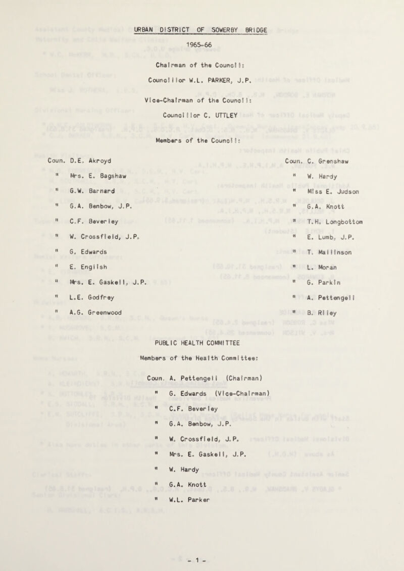 URBAN DISTRICT OF SOWERBY BRIDGE 1965=66 Chairman of the Council; Councillor W.L. PARKER, J.P. Vice-Chairman of the Councils Councillor C. UTTLEY Members of the Counci I Coun. O.E. Akroyd (( Mrs. E. Bagshaw 6.W. Barnard G.A. Benbow, J.P. *' C.F. Beverley ” W. Crossfield, J.P,  6. Edwards ” E. English  Mrs. E, Gaske!I, J.P *• L.E. Godfrey  A.G. Greenwood Coun. C. Grenshaw ” W. Hardy ** Miss E. Judson  6.A. Knott ” T.H, Longbottom ” E. Lumb, J.P. ” T, Mallinson ” L. Moran  6. Parkin ” A. Pettengell  B. Riley PUBLIC HEALTH COMMITTEE Members of the Health Committee; Coun. A. Pettengell (Chairman) ” 6. Edwards (Vice-Chairman) ” C,F. Beverley  G.A. Benbow, J.P. ” W., Crossfield, J.P. ” Mrs. E, Gaskell, J.P. ” W. Hardy G.A. Knott  W.L. Parker