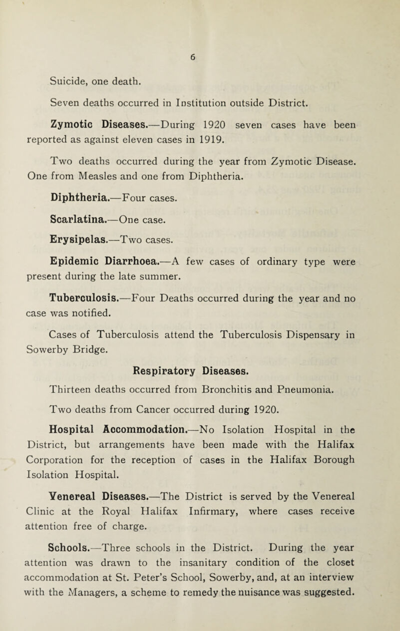 Suicide, one death. Seven deaths occurred in Institution outside District. Zymotic Diseases.—During 1920 seven cases have been reported as against eleven cases in 1919. Two deaths occurred during the year from Zymotic Disease. One from Measles and one from Diphtheria. Diphtheria.—Four cases. Scarlatina.—One case. Erysipelas.—Two cases. Epidemic Diarrhoea.—A few cases of ordinary type were present during the late summer. Tuberculosis.—Four Deaths occurred during the year and no case was notified. Cases of Tuberculosis attend the Tuberculosis Dispensary in Sowerby Bridge. Respiratory Diseases. Thirteen deaths occurred from Bronchitis and Pneumonia. Two deaths from Cancer occurred during 1920. Hospital Accommodation.—No Isolation Hospital in the District, but arrangements have been made with the Halifax Corporation for the reception of cases in the Halifax Borough Isolation Hospital. Venereal Diseases.—The District is served by the Venereal Clinic at the Royal Halifax Infirmary, where cases receive attention free of charge. Schools.—Three schools in the District. During the year attention was drawn to the insanitary condition of the closet accommodation at St. Peter’s School, Sowerby, and, at an interview with the Managers, a scheme to remedy the nuisance was suggested.