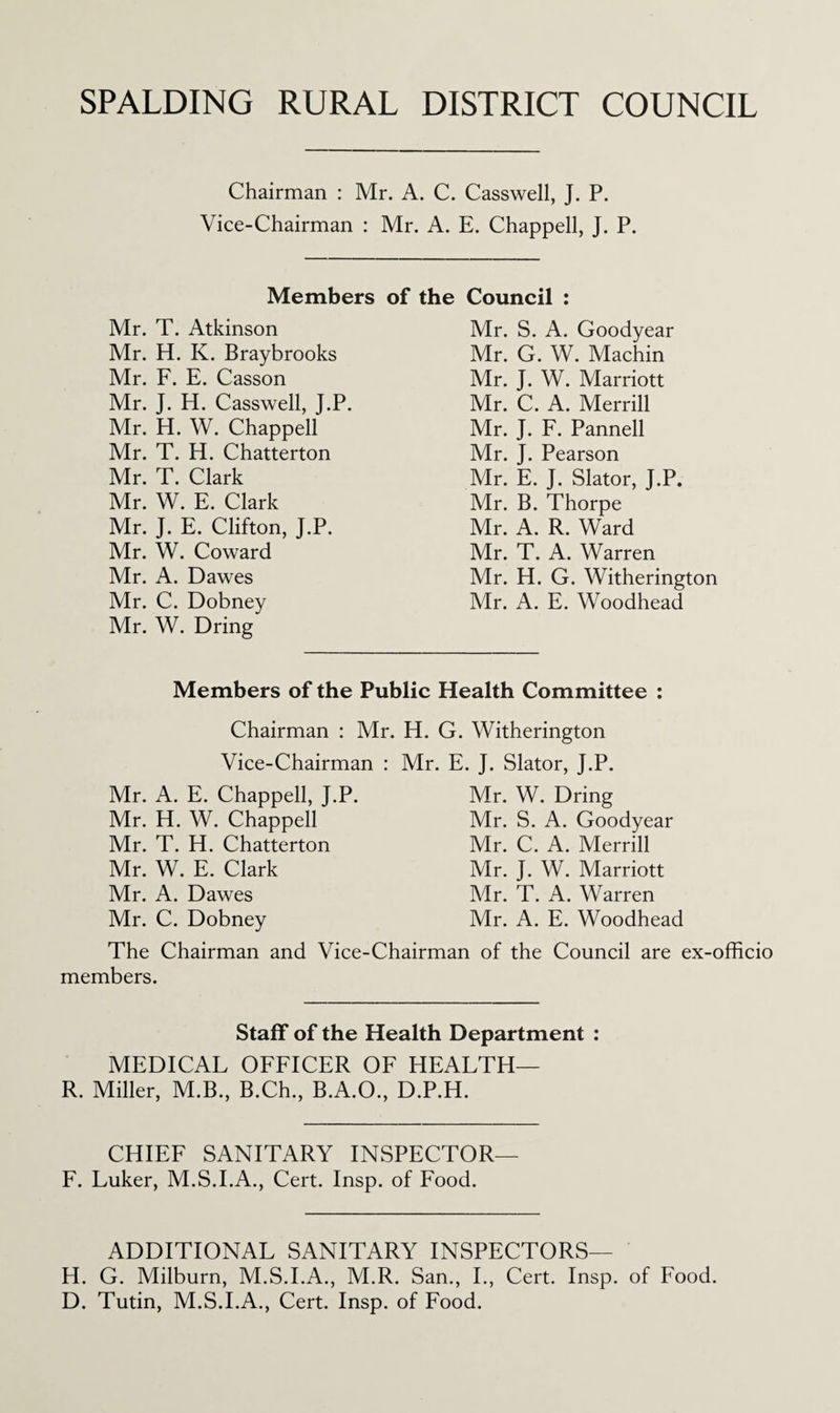 SPALDING RURAL DISTRICT COUNCIL Chairman : Mr. A. C. Casswell, J. P. Vice-Chairman : Mr. A. E. Chappell, J. P. Members of the Council : Mr. T. Atkinson Mr. H. K. Braybrooks Mr. F. E. Casson Mr. J. H. Casswell, J.P. Mr. H. W. Chappell Mr. T. H. Chatterton Mr. T. Clark Mr. W. E. Clark Mr. J. E. Clifton, J.P. Mr. W. Coward Mr. A. Dawes Mr. C. Dobney Mr. W. Bring Mr. S. A. Goodyear Mr. G. W. Machin Mr. J. W. Marriott Mr. C. A. Merrill Mr. J. F. Pannell Mr. J. Pearson Mr. E. J. Slator, J.P. Mr. B. Thorpe Mr. A. R. Ward Mr. T. A. Warren Mr. H. G. Witherington Mr. A. E. Woodhead Members of the Public Health Committee ; Chairman : Mr. H. G. Witherington Viee-Chairman : Mr. E. J. Slator, J.P. Mr. A. E. Chappell, J.P. Mr. H. W. Chappell Mr. T. H. Chatterton Mr. W. E. Clark Mr. A. Dawes Mr. C. Dobney Mr. W. Bring Mr. S. A. Goodyear Mr. C. A. Merrill Mr. J. W. Marriott Mr. T. A. Warren Mr. A. E. Woodhead The Chairman and Vice-Chairman of the Council are ex-officio members. Staff of the Health Department : MEDICAL OFFICER OF HEALTH— R. Miller, M.B., B.Ch., B.A.O., D.P.H. CHIEF SANITARY INSPECTOR— F. Luker, M.S.I.A., Cert. Insp. of Food. ADDITIONAL SANITARY INSPECTORS— H. G. Milburn, M.S.I.A., M.R. San., L, Cert. Insp. of Food. D. Tutin, M.S.I.A., Cert. Insp. of Food.