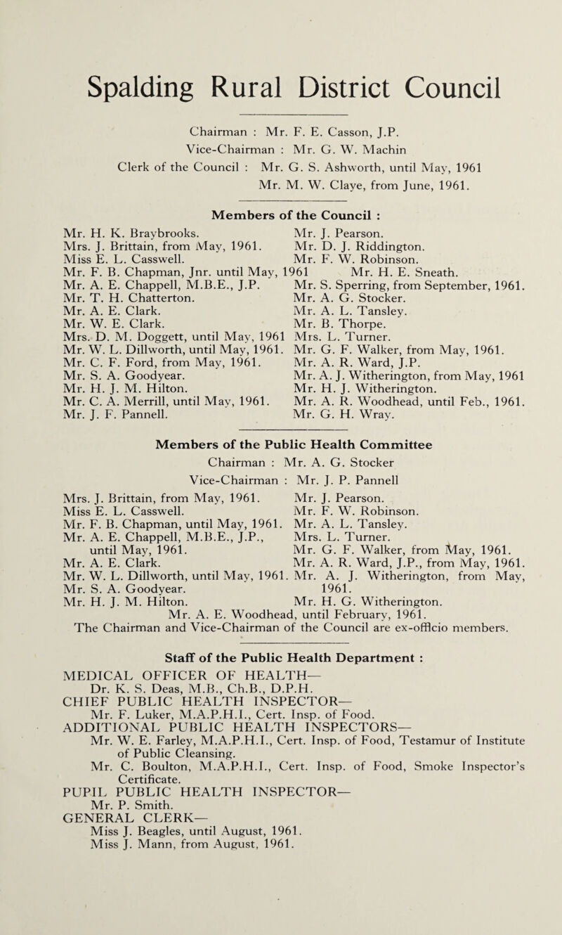 Spalding Rural District Council Chairman : Mr. F. E, Casson, J.P. Vice-Chairman : Mr. G. W. Machin Clerk of the Council : Mr. G. S. Ashworth, until May, 1961 Mr. M. W. Claye, from June, 1961. Members of the Council : Mr. H. K. Braybrooks. Mr. J. Pearson. Mrs. J. Brittain, from May, 1961. Mr. D. J. Riddington. Miss E. L. Casswell. Mr. F. W. Robinson. Mr. F. B. Chapman, Jnr. until May, 1961 Mr. H. E. Sneath. Mr. A. E. Chappell, M.B.E., J.P. Mr. T. H. Chatterton. Mr. A. E. Clark. Mr. W. E. Clark. Mrs. D. M. Doggett, until May, 1961 Mr. W. L. Dillworth, until May, 1961. Mr. C. F. Ford, from May, 1961. Mr. S. A. Goodyear. Mr. H. J. M. Hilton. Mr. C. A. Merrill, until May, 1961. Mr. J. F. Pannell. Mr. S. Sperring, from September, 1961. Mr. A. G. Stocker. Mr. A. L. Tansley. Mr. B. Thorpe. Mrs. L. Turner. Mr. G. F. Walker, from May, 1961. Mr. A. R. Ward, J.P. Mr. A. J. Witherington, from May, 1961 Mr. H. J. Witherington. Mr. A. R. Woodhead, until Feb., 1961. Mr. G. H. Wray. Members of the Public Health Committee Chairman : Mr. A. G. Stocker Vice-Chairman ; Mr. J. P. Pannell Mrs. J. Brittain, from May, 1961. Mr. J. Pearson. Miss E. L. Casswell. Mr. F. W. Robinson. Mr. F. B. Chapman, until May, 1961. Mr. A. L. Tansley. Mr. A. E. Chappell, M.B.E., J.P., Mrs. L. Turner. until May, 1961. Mr. G. F. Walker, from May, 1961. Mr. A. E. Clark. Mr. A. R. Ward, J.P., from May, 1961. Mr. W. L. Dillworth, until May, 1961. Mr. A. J. Witherington, from May, Mr. S. A. Goodyear. 1961. Mr. H. J. M. Hilton. Mr. H. G. Witherington. Mr. A. E. Woodhead, until February, 1961. The Chairman and Vice-Chairman of the Council are ex-offlcio members. Staff of the Public Health Department : MEDICAL OFFICER OF HEALTH— Dr. K. S. Deas, M.B., Ch.B., D.P.H. CHIEF PUBLIC HEALTH INSPECTOR— Mr. F. Luker, M.A.P.H.I., Cert. Insp. of Food. ADDITIONAL PUBLIC HEALTH INSPECTORS— Mr. W. E. Farley, M.A.P.H.L, Cert. Insp. of Food, Testamur of Institute of Public Cleansing. Mr. C. Boulton, M.A.P.H.L, Cert. Insp. of Food, Smoke Inspector’s C' 0rtific3.t0 PUPIL PUBLIC HEALTH INSPECTOR— Mr. P. Smith. GENERAL CLERK— Miss J. Beagles, until August, 1961. Miss J. Mann, from August, 1961.