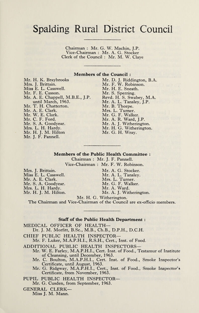 Spalding Rural District Council Chairman ; Mr, G. W, Machin, J.P. Vice-Chairman : Mr. A. G. Stocker Clerk of the Council : Mr. M. W. Claye Members of the Coimcil : Mr. H. K. Braybrooks Mrs. J. Brittain. Miss E. L. Casswell. Mr. F. E. Casson. Mr. A. E. Chappell, M.B.E., J.P. until March, 1963. Mr. T. H. Chatterton. Mr. A. E. Clark, Mr. W. E. Clark. Mr. C. F, Ford. Mr. S. A. Goodyear. Mrs. L. H. Hardy. Mr. H. J. M. Hilton Mr. J. F. Pannell. Mr. D. J. Riddington, B.A. Mr. F. W. Robinson. Mr. H. E. Sneath. Mr. S. Sperring. Revd. H. S. Swabey, M.A. Mr. A. L. Tansley, J.P, Mr. B. Thorpe. Mrs. L. Turner. Mr. G. F. Walker. Mr. A. R. Ward, J.P. Mr. A. J. Witherington, Mr. H. G, Witherington. Mr. G. H. Wray. Members of the Public Health Committee : Chairman : Mr, J. F. Pannell. Vice-Chairman : Mr. F. W. Robinson. Mrs, J. Brittain. Miss E. L. Casswell. Mr. A. E. Clark. Mr. S. A. Goodyear. Mrs. L. H. Hardy. Mr. H. J. M. Hilton. Mr. A. G. Stocker. Mr. A. L. Tansley. Mrs. L. Turner. Mr. G. F. Walker. Mr. A. Ward. Mr. A. J. Witherington. Mr. H. G, Witherington. The Chairman and Vice-Chairman of the Council are ex-officio members. Staff of the Public Health Department : MEDICAL OFFICER OF HEALTH— Dr. J. M. Morfitt, B.Sc., M.B., Ch.B., D.P.H., D.C.H. CHIEF PUBLIC HEALTH INSPECTOR— Mr. F. Luker, M.A.P.H.I., R.S.H., Cert., Inst, of Food. ADDITIONAL PUBLIC HEALTH INSPECTORS— Mr. W. E. Farley, M.A.P.H.I., Cert, Inst, of Food., Testamur of Institute of Cleansing, until December, 1963. Mr. C. Boulton, M.A.P.H.I., Cert. Inst, of Food., Smoke Inspector’s Certificate, until August, 1963. Mr, G. Ridgway, M.A.P.H.I., Cert., Inst, of Food., Smoke Inspector’s Certificate, from November, 1963. PUPIL PUBLIC HEALTH INSPECTOR— Mr. G. Cusden, from September, 1963, GENERAL CLERK— Miss J. M. Mann.