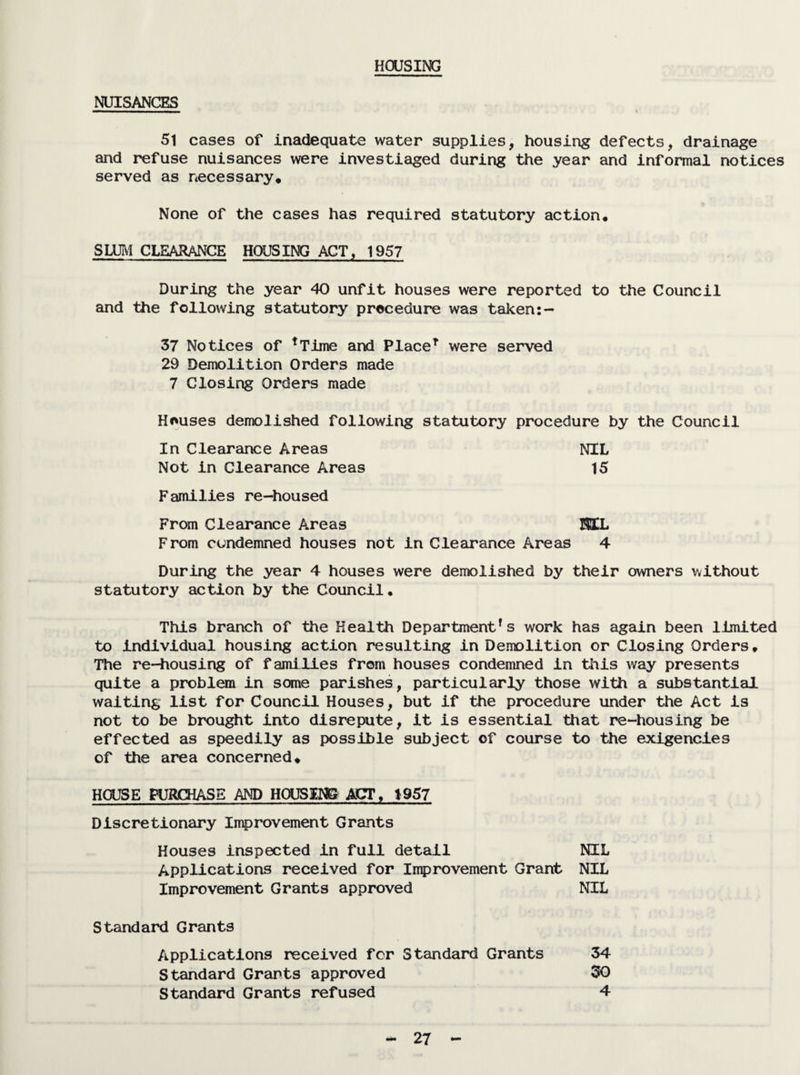 HOUSING NUISANCES 51 cases of inadequate water supplies, housing defects, drainage and refuse nuisances were investiaged during the year and informal notices served as necessary* None of the cases has required statutory action* Smi CLEARANCE HOUSING ACT, 1957 During the year 40 unfit houses were reported to the Council and the following statutory procedure was taken:- 37 Notices of ^Time and Place^ were served 29 Demolition Orders made 7 Closing Orders made Houses demolished following statutory procedure by the Council In Clearance Areas NIL Not in Clearance Areas 15 Families re-housed From Clearance Areas BOX From condemned houses not in Clearance Areas 4 During the year 4 houses were demolished by their owners without statutory action by the Council, This branch of the Health Department’s work has again been limited to individual housing action resulting in Demolition or Closing Orders, The re-housing of families from houses condemned in this way presents quite a problem in some parishes, particularly those with a substantial waiting list for Council Houses, but if the procedure under the Act is not to be brought into disrepute, it is essential that re-housing be effected as speedily as possible subject of course to the exigencies of the area concerned* HOUSE PURCHASE AND HOUSING ACT, 1957 Discretionary Inprovement Grants Houses inspected in full detail NIL Applications received for Inprovement Grant NIL Improvement Grants approved NIL Standard Grants Applications received fcr Standard Grants 34 Standard Grants approved 30 Standard Grants refused 4