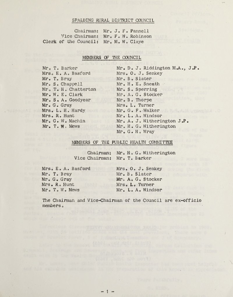 Gh airmail: Vice Chairmans Clerk of tlie Councils Mro J. F- Panneil Mro F, W. Robinson Mro M. Wo Claye MHVIBERS OF TOE COUNCIL ^'(^o To Barker Mrso E, Ao Basford Mr, T, Bray Mr, S, Chappell Mro T, Ho Chatterton Mr. W, E, Clark MTo S« a. Goodyear Mr • G . Gray Mrs. Lo H. Hardy Mrs, R. Hunt Mr, G, W, Machin Mr, T. W. IVfews MEMBERS OF TOE Chainnan Vice Chairman MrSo E. A. Basford Mr, Te Bray Mr, G, Gray Mrs, Ro Hunt Mr, To W, Mews Mr, D, J. Riddington MoA., Mrs, 0, Jo Senkey Mr, B, Slater Mr, H. Eo Sneatli Mr, S, Spenning Mr, A. G. Stocker Mr, B , Thorpe Mrs, L, Turner Mr, G, Fo Walker Mr. L, A, Windsor Mr, A, J. Witherington J,P Mr. H, G, Witherington Mr, G. Ho Wray PUBLIC HEALTH COMMITTEE Mr, Ho Go Witherington Mr. T, Barker Mrs, 0. J. Senkey Mr, B , Slater Mr. Ao G. Stocker Mrs, Lo Turner Mr, L. A. Windsor J.P. The Chairman and Vice-Chairman of the Council are ex-officio members, \ -