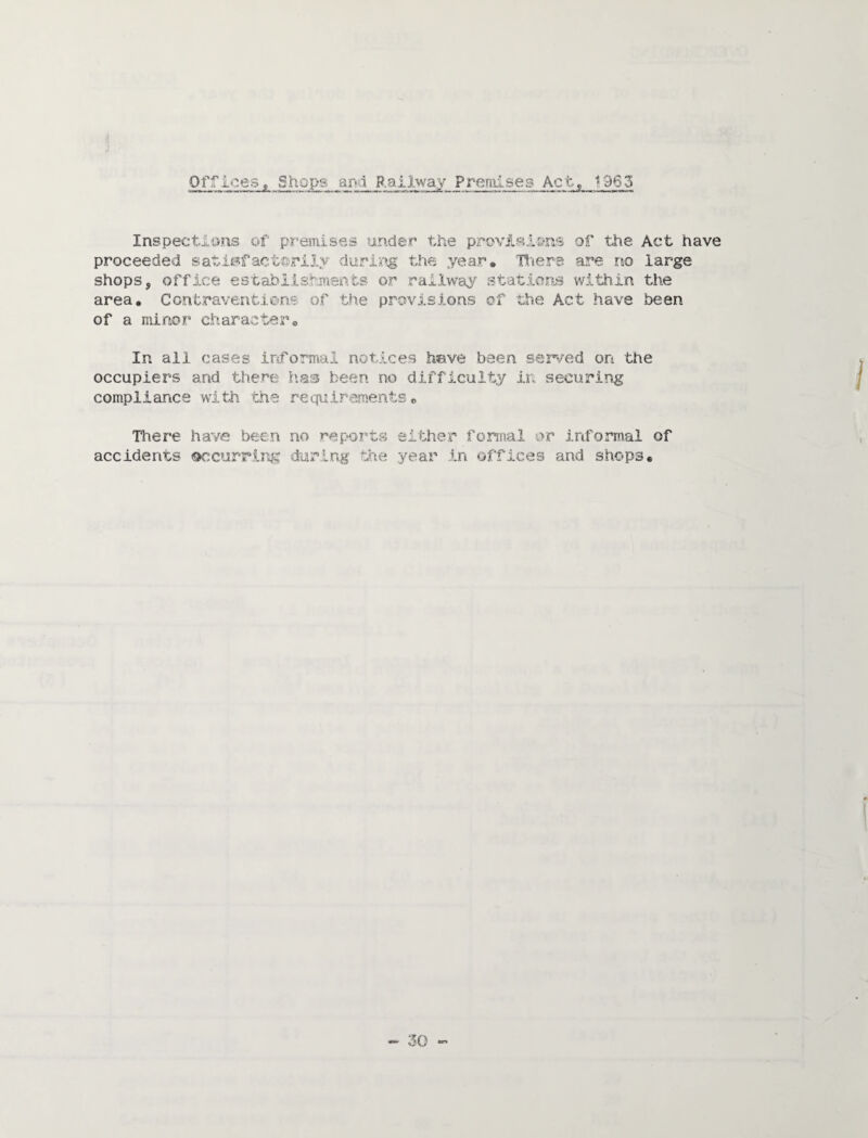 Offices,, Shops and Railway Premises Act, 1963 Inspections of premises undei' tfae provi??i©rLS of tlie Act have proceeded satisfactorily dcrik^g the .year* 1[t'!era are no large shops, office establishments or railway stations within the area. Contraventions of the provisions of the Act have been of a minor character. In all cases iriformal notices heve been served or4 the occupiers and there h.as been no difficulty in securing compliance with the requirements, There accidents havte been no reports either fonnal or informal of ©ccurrlr4? during the year in. offices and shops.