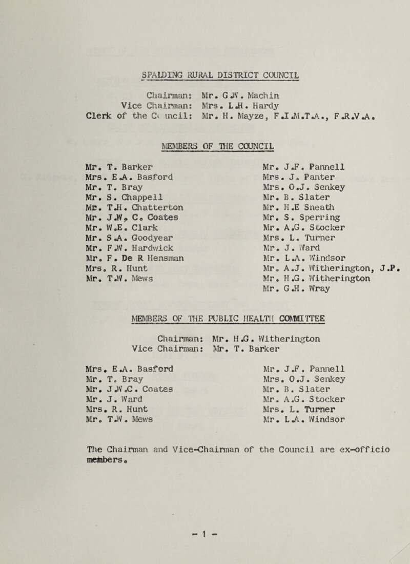 Chairmans Vice Chairman: Clerk of the C< mcil: Mr* G.W. Machin Mrs. L *H • Hardy Mr. H. Mayze, F«I«M.T*A., F*R.V*A. MEMBERS OF TOE COUNCIL Mr. T. Barker Mrs. E.A. Basford Mr. T. Bray Mr. S. Chappell Mr. TJH. Chatterton Mr. J.W* Co Coates Mr. W.E. Clark Mr. SJV. Goodyear Mr« F *W• Hardwick Mr. F. De R Hensman Mrs. R. Hunt Mr. T.W. Mews Mr. J.F. Pannell Mrs. J« Panter Mrs. G.J. Senkey Mr. B. Slater Mr. K.E Sneath Mr. S. Sperring Mr. A.G. Stocker Mrs. L. Turner Mr. J. Ward Mr. L.A. Windsor Mr. A.J. Witherington, J.P. Mr. H .G . Witherington Mr. Gil. Wray MEMBERS OF TOE PUBLIC HEALTH COMMITTEE Chairman: Mr. H ,G . Witherington Vice Chairman: Mr. T. Barker Mrs. E.A. Basford Mr. To Bray Mr. J.W.C. Coates Mr. J. Ward Mrs. R. Hunt Mr • T .W . Mews Mr. J.F. Pannell Mrs. O.J. Senkey Mr. B. Slater Mr. A.G. Stocker Mrs. L. Turner Mr. L.A. Windsor The Chairman and Vice-Chairman of the Council are ex-officio members. 1