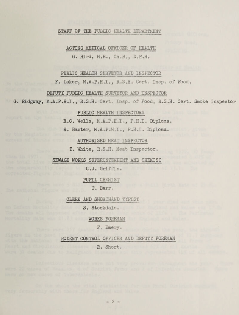 STAFF OF THE PUBLIC HEALTH DEPARTMENT ACTING MEDICAL OFFICER OF HEALTH G. HLrd, M.Bo, ChoBo, DoP.H. PUBLIC HEALTH SURVEYOR MID INSPECTOR F, Luker, MoA®P.H«Io, RoScHo Certo Insp, of Fopd^ DEPUTY PUBLIC HEALTH SUR¥EIQE AND INSPECTOR G. RLdgway, M,Ac,P.HoI«, RoSoH, Cert» Insp* of Food, R.SoHc Cert. Smoke Inspector PUBLIC HEALTH INSPECTORS RoC. Wells, MoAoPoHoIo, PoH.Io Diplomao H. Baxter, M.A^P.HoIo, P«H«I. Diploma. AUTHORISED MFJIT INSPECTOR T. White, RoSoH. Meat Inspector. SEWAGE WORKS SUPERINTENDENT AND CHEIfLST C.Jo Griff in. PUPIL CHEiaST To BarPo CLERK AND SHORTHAND TYPIST S. Stockdale. WORKS FOREMAN F. Emeiyo RODENT CONTROL OFFICER AND DEPUTY FOREI^IAN Re Short. ^ 2 ^