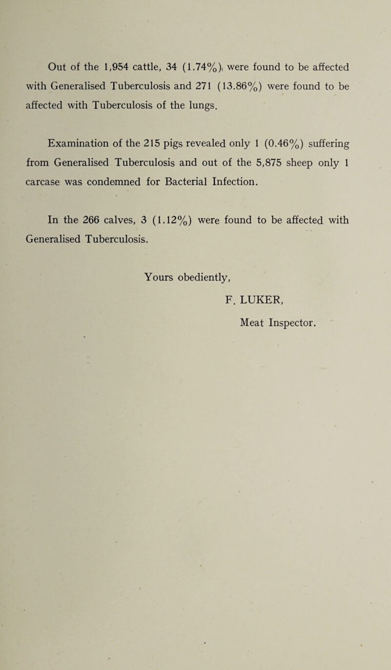 Out of the 1,954 cattle, 34 (1.74%), were found to be affected with Generalised Tuberculosis and 271 (13.86%) were found to be affected with Tuberculosis of the lungs. Examination of the 215 pigs revealed only 1 (0.46%) suffering from Generalised Tuberculosis and out of the 5,875 sheep only 1 carcase was condemned for Bacterial Infection. In the 266 calves, 3 (1.12%) were found to be affected with Generalised Tuberculosis. Yours obediently, F. LUKER, Meat Inspector.