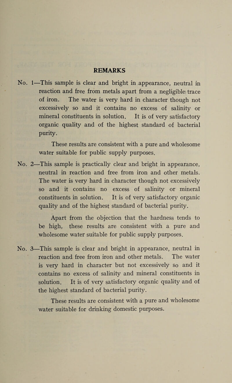 REMARKS No. 1—This sample is clear and bright in appearance, neutral in reaction and free from metals apart from a negligible', trace of iron. The water is very hard in character though not excessively so and it contains no excess of salinity or mineral constituents in solution. It is of very satisfactory organic quality and of the highest standard of bacterial purity. These results are consistent with a pure and wholesome water suitable for public supply purposes. No. 2—This sample is practically clear and bright in appearance, neutral in reaction and free from iron and other metals. The water is very hard in character though not excessively so and it contains no excess of salinity or mineral constituents in solution. It is of very satisfactory organic quality and of the highest standard of bacterial purity. Apart from the objection that the hardness tends to be high, these results are consistent with a pure and wholesome water suitable for public supply purposes. No. 3—This sample is clear and bright in appearance, neutral in reaction and free from iron and other metals. The water is very hard in character but not excessively so and it contains no excess of salinity and mineral constituents in solution. It is of very satisfactory organic quality and of the highest standard of bacterial purity. These results are consistent with a pure and wholesome water suitable for drinking domestic purposes.