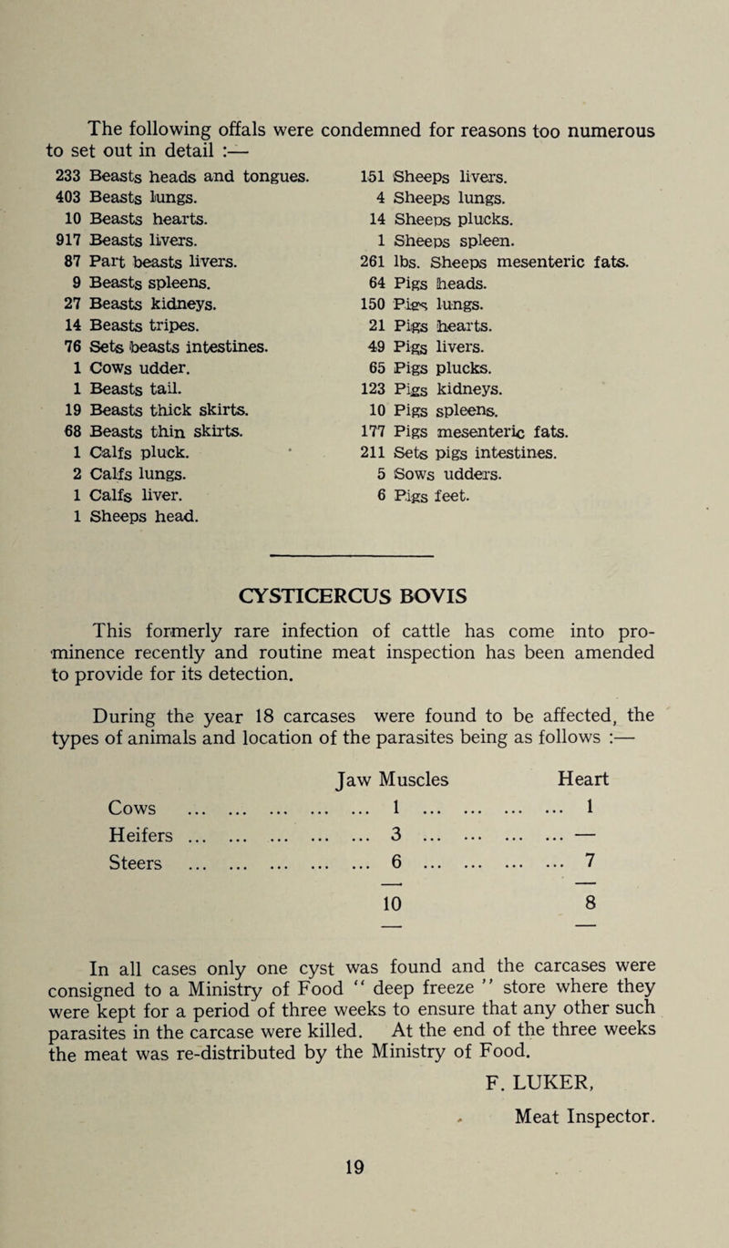 The following offals were condemned for reasons too numerous to set out in detail 233 Beasts heads and tongues. 403 Beasts lungs. 10 Beasts hearts. 917 Beasts livers. 87 Part beasts livers. 9 Beasts spleens. 27 Beasts kidneys. 14 Beasts tripes. 76 Sets ‘beasts intestines. 1 Cows udder. 1 Beasts tail. 19 Beasts thick skirts. 68 Beasts thin skirts. 1 Oalfs pluck. 2 Calfs lungs. 1 Calfs liver. 1 Sheeps head. CYSTICERCUS BOVIS This formerly rare infection of cattle has come into pro¬ minence recently and routine meat inspection has been amended to provide for its detection. During the year 18 carcases were found to be affected, the types of animals and location of the parasites being as follows :— Jaw Muscles Heart Cows . ... ... ... 1 ... ... • • • • • • 1 Heifers . 'X • •• ••• ••• c/ • • • • • • • • • • • • Steers . • •• ••• ••• 6 • • • • • • 10 . 7 8 151 Sheeps livers. 4 Sheeps lungs. 14 Sheeps plucks. 1 Sheeps spleen. 261 lbs. Sheeps mesenteric fats. 64 Pigs heads. 150 Pigs lungs. 21 Pigs hearts. 49 Pigs livers. 65 Pigs plucks. 123 Pigs kidneys. 10 Pigs spleens. 177 Pigs mesenteric fats. 211 Sets pigs intestines. 5 Sows udders. 6 Pigs feet. In all cases only one cyst was found and the carcases were consigned to a Ministry of Food “ deep freeze ” store where they were kept for a period of three weeks to ensure that any other such parasites in the carcase were killed. At the end of the three weeks the meat was re-distributed by the Ministry of Food. F. LUKER, * Meat Inspector.