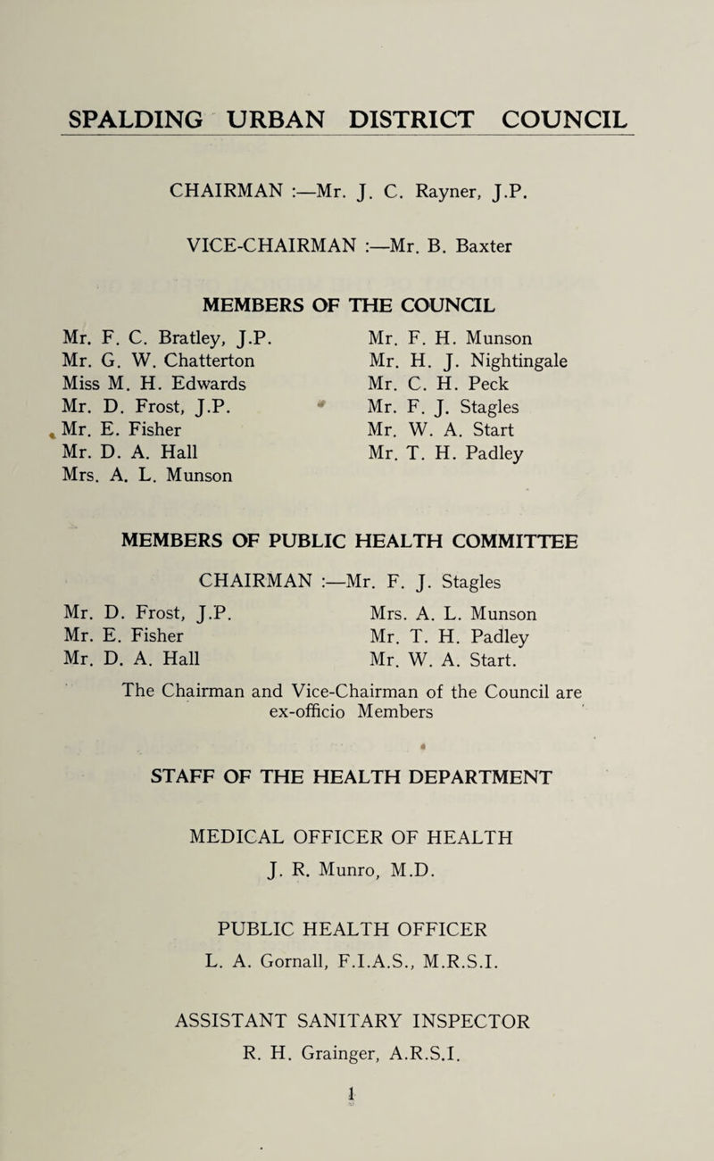CHAIRMAN Mr. J. C. Rayner, J.P. VICE-CHAIRMAN Mr. B. Baxter MEMBERS OF THE COUNCIL Mr. F. C. Bratley, J.P. Mr. G. W. Chatterton Miss M. H. Edwards Mr. D. Frost, J.P. . Mr. E. Fisher Mr. D. A. Hall Mrs. A. L. Munson Mr. F. H. Munson Mr. H. J. Nightingale Mr. C. H. Peck Mr. F. J. Stagles Mr. W. A. Start Mr. T. H. Padley MEMBERS OF PUBLIC HEALTH COMMITTEE CHAIRMAN Mr. F. J. Stagles Mr. D. Frost, J.P. Mr. E. Fisher Mr. D. A. Hall Mrs. A. L. Munson Mr. T. H. Padley Mr. W. A. Start. The Chairman and Vice-Chairman of the Council are ex-officio Members STAFF OF THE HEALTH DEPARTMENT MEDICAL OFFICER OF HEALTH J. R. Munro, M.D. PUBLIC HEALTH OFFICER L. A. Gornall, F.I.A.S., M.R.S.I. ASSISTANT SANITARY INSPECTOR R. H. Grainger, A.R.S.I.