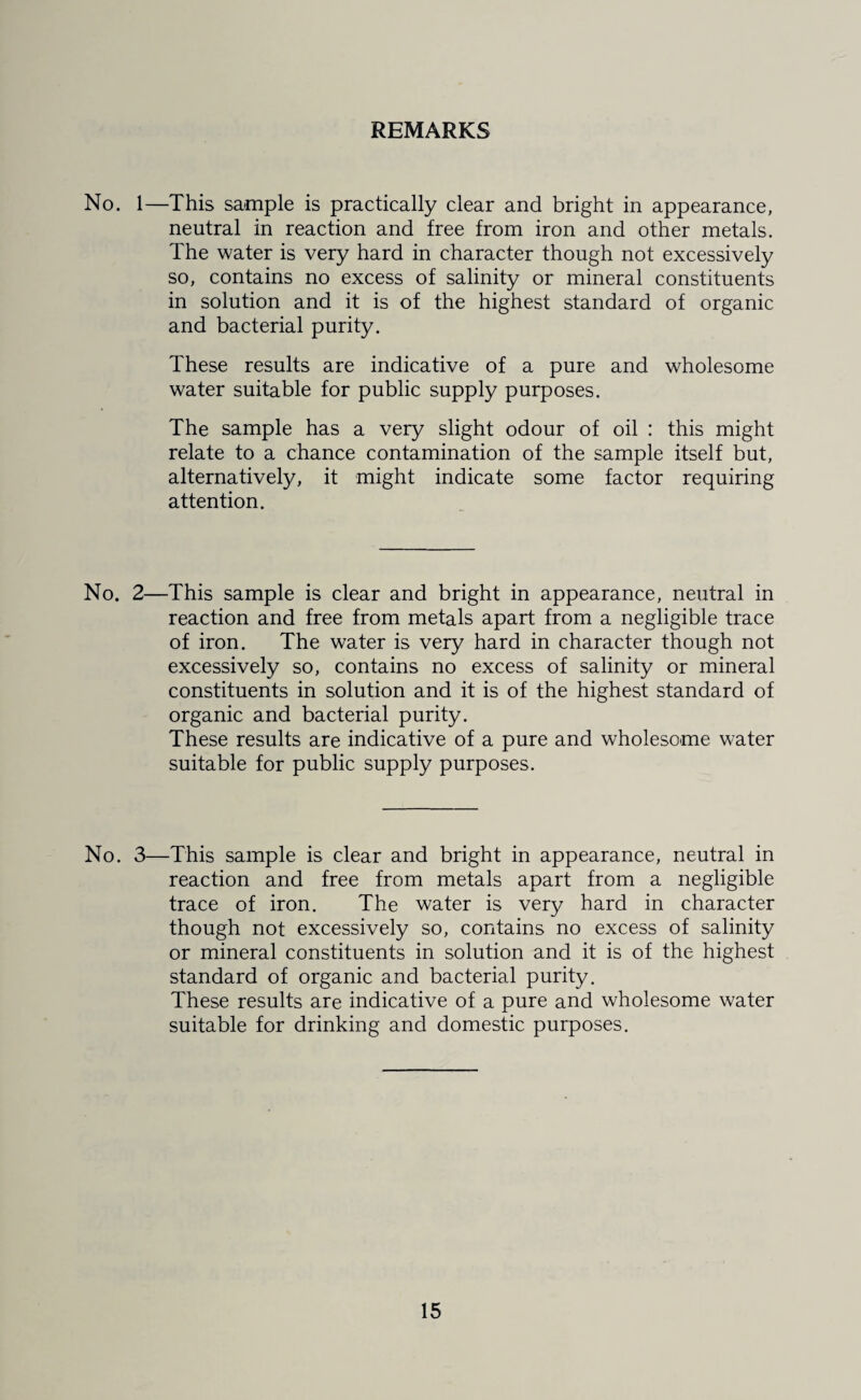 REMARKS No. 1—This sample is practically clear and bright in appearance, neutral in reaction and free from iron and other metals. The water is very hard in character though not excessively so, contains no excess of salinity or mineral constituents in solution and it is of the highest standard of organic and bacterial purity. These results are indicative of a pure and wholesome water suitable for public supply purposes. The sample has a very slight odour of oil : this might relate to a chance contamination of the sample itself but, alternatively, it might indicate some factor requiring attention. No. 2—This sample is clear and bright in appearance, neutral in reaction and free from metals apart from a negligible trace of iron. The water is very hard in character though not excessively so, contains no excess of salinity or mineral constituents in solution and it is of the highest standard of organic and bacterial purity. These results are indicative of a pure and wholesome water suitable for public supply purposes. No. 3—This sample is clear and bright in appearance, neutral in reaction and free from metals apart from a negligible trace of iron. The water is very hard in character though not excessively so, contains no excess of salinity or mineral constituents in solution and it is of the highest standard of organic and bacterial purity. These results are indicative of a pure and wholesome water suitable for drinking and domestic purposes.