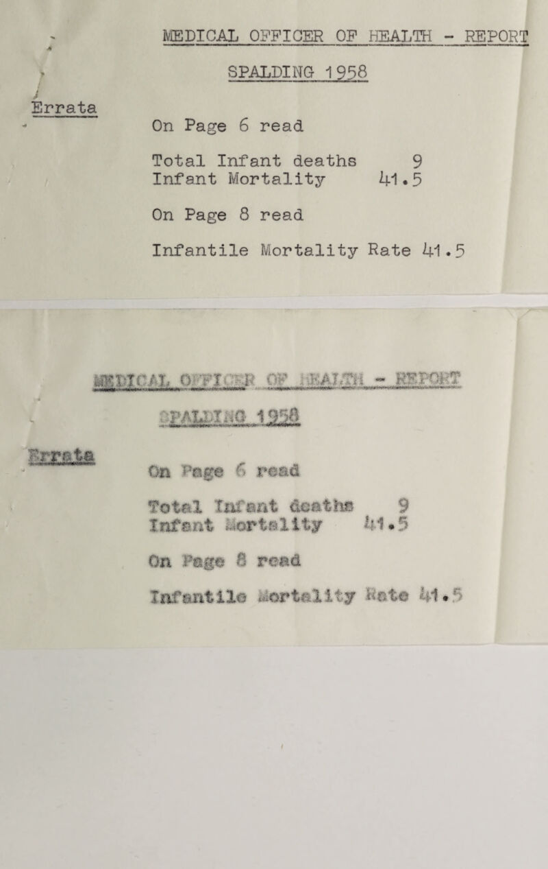MEDICAL OFFICER OF HEALTH - REPORT A '  ' SPALDING 1958 J Errata On Page 6 read Total Infant deaths 9 Infant Mortality 41 • 5 On Page 8 read Infantile Mortality Rate 41.5 i&xji’n, O ■: r b - r: j umint ift—ii rrr^trr-..—m**#*#***ttiMWKi •• ww 1«-.*<***»* fr HI - <*• i' -'L: T.sn 19* ■ r rate On Rage 6 read Total Infant deaths 9 Infant Mortality *!l .*» On Page 8 read Infantile Mortality Bate 41*5 i