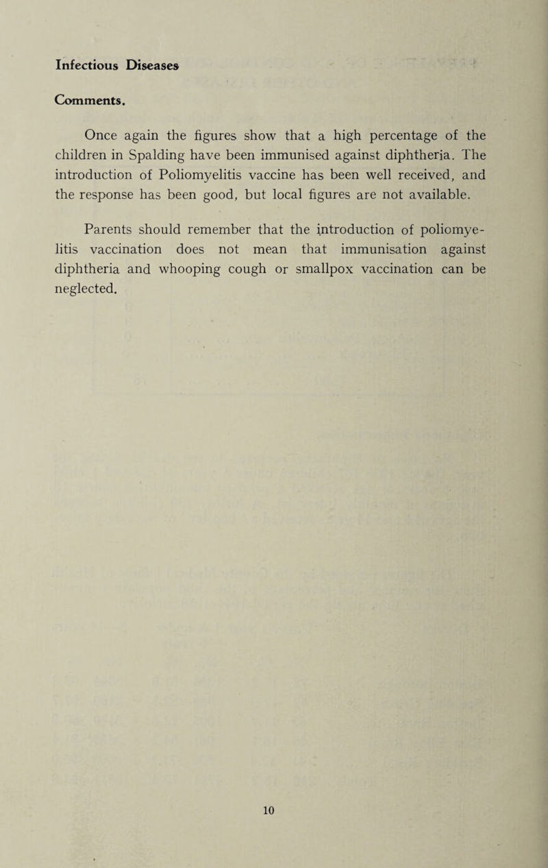 Infectious Diseases Comments. Once again the figures show that a high percentage of the children in Spalding have been immunised against diphtheria. The introduction of Poliomyelitis vaccine has been well received, and the response has been good, but local figures are not available. Parents should remember that the introduction of poliomye¬ litis vaccination does not mean that immunisation against diphtheria and whooping cough or smallpox vaccination can be neglected.