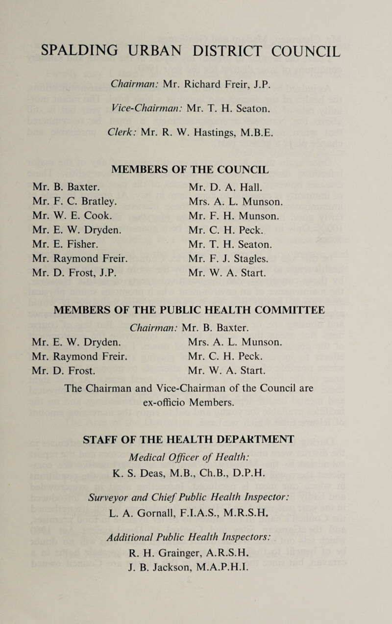 Chairman: Mr. Richard Freir, J.P. Vice-Chairman: Mr. T. H. Seaton. Clerk: Mr. R. W. Hastings, M.B.E. MEMBERS OF THE COUNCIL Mr. D. A. Hall. Mr. B. Baxter. Mr. F. C. Bratley. Mr. W. E. Cook. Mr. E. W. Dryden. Mr. E. Fisher. Mr. Raymond Freir. Mr. D. Frost, J.P. Mrs. A. L. Munson. Mr. F. H. Munson. Mr. C. H. Peck. Mr. T. H. Seaton. Mr. F. J. Stagles. Mr. W. A. Start. MEMBERS OF THE PUBLIC HEALTH COMMITTEE Chairman: Mr. B. Baxter. Mr. E. W. Dryden. Mrs. A. L. Munson. Mr. Raymond Freir. Mr. C. H. Peck. Mr. D. Frost. Mr. W. A. Start. The Chairman and Vice-Chairman of the Council are ex-officio Members. STAFF OF THE HEALTH DEPARTMENT Medical Officer of Health: K. S. Deas, M.B., Ch.B., D.P.H. Surveyor and Chief Public Health Inspector: L. A. Gornall, F.I.A.S., M.R.S.H. Additional Public Health Inspectors: R. H. Grainger, A.R.S.H. J. B. Jackson, M.A.P.H.I.