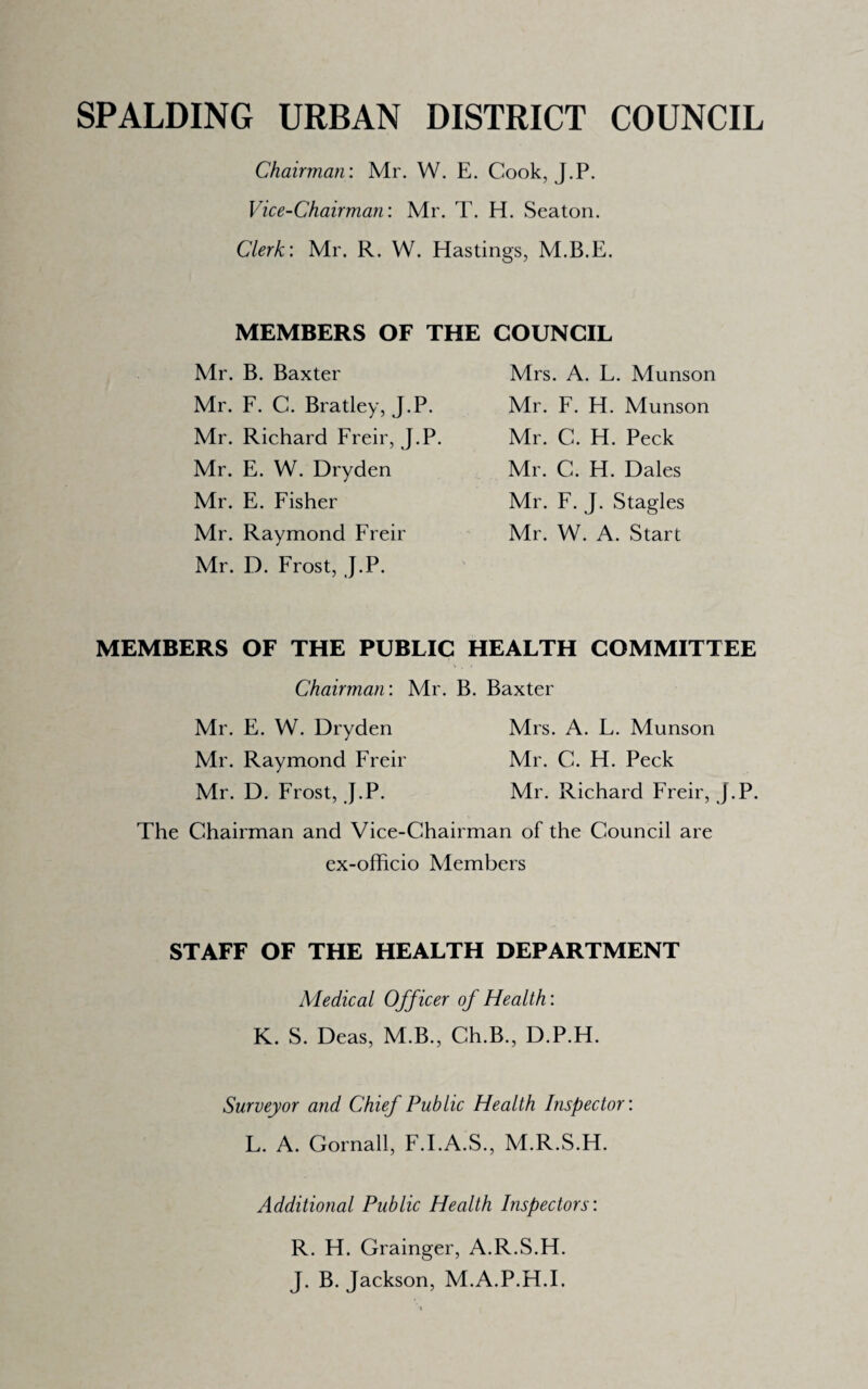 Chairman: Mr. W. E. Cook, J.P. Vice-Chairman: Mr. T. H. Seaton. Clerk: Mr. R. W. Hastings, M.B.E. MEMBERS OF THE COUNCIL Mr. B. Baxter Mr. F. C. Bratley, J.P. Mr. Richard Freir, J.P. Mr. E. W. Dryden Mr. E. Fisher Mr. Raymond Freir Mr. D. Frost, J.P. Mrs. A. L. Munson Mr. F. H. Munson Mr. C. H. Peck Mr. C. H. Dales Mr. F. J. Stagles Mr. W. A. Start MEMBERS OF THE PUBLIC HEALTH COMMITTEE Chairman: Mr. B. Baxter Mr. E. W. Dryden Mrs. A. L. Munson Mr. Raymond Freir Mr. C. H. Peck Mr. D. Frost, J.P. Mr. Richard Freir, J.P. The Chairman and Vice-Chairman of the Council are ex-ofhcio Members STAFF OF THE HEALTH DEPARTMENT Medical Officer of Health: K. S. Deas, M.B., Ch.B., D.P.H. Surveyor and Chief Public Health Inspector: L. A. Gornall, F.LA.S., M.R.S.H. Additional Public Health Inspectors: R. H. Grainger, A.R.S.H. J. B. Jackson, M.A.P.H.I.