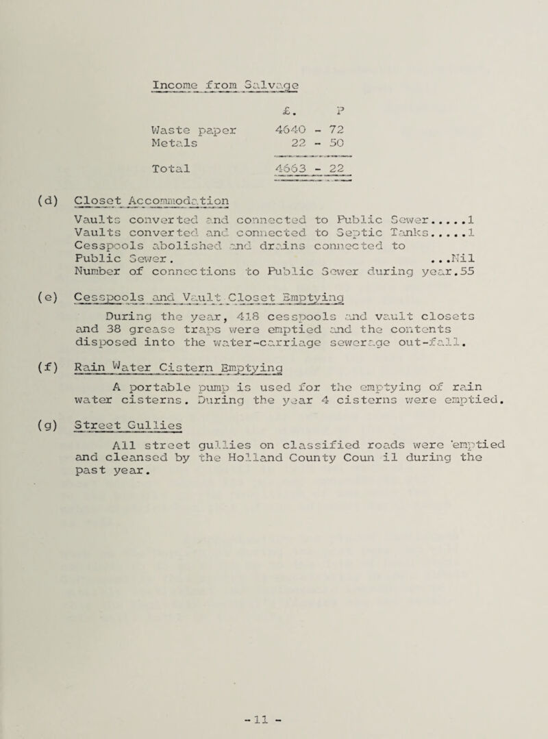 Income from Galvc.ge £. P Waste paper 4640 - 72 Metals 22 - 50 Total 4653 - 22 Closet Accommodation Vaults converted and connected to Ptiblic Sevier.1 Vaults converted and connected to Septic Tanks.1 Cesspools abolished snd dro.ins connected to Public 3ev\rer . . , .Mil Number of connections to Public Sev/er during year.55 Cesspools a^ Vau 11 C1 os^ Emptying During the year, 418 cessioools and vs^ult closets and 38 grease traps were emptied .and the contents disposed into the water-carriage sewerage out-fc.ll. Rain ^^ater Cistern Emptying A portable pump is used for the emptying of r?,in water cisterns. During the year 4 cisterns vjqxq emptied. Street Gullies All street gullies on classified roa.ds were emptied and cleansed by the Holland County Coun il during the past year.