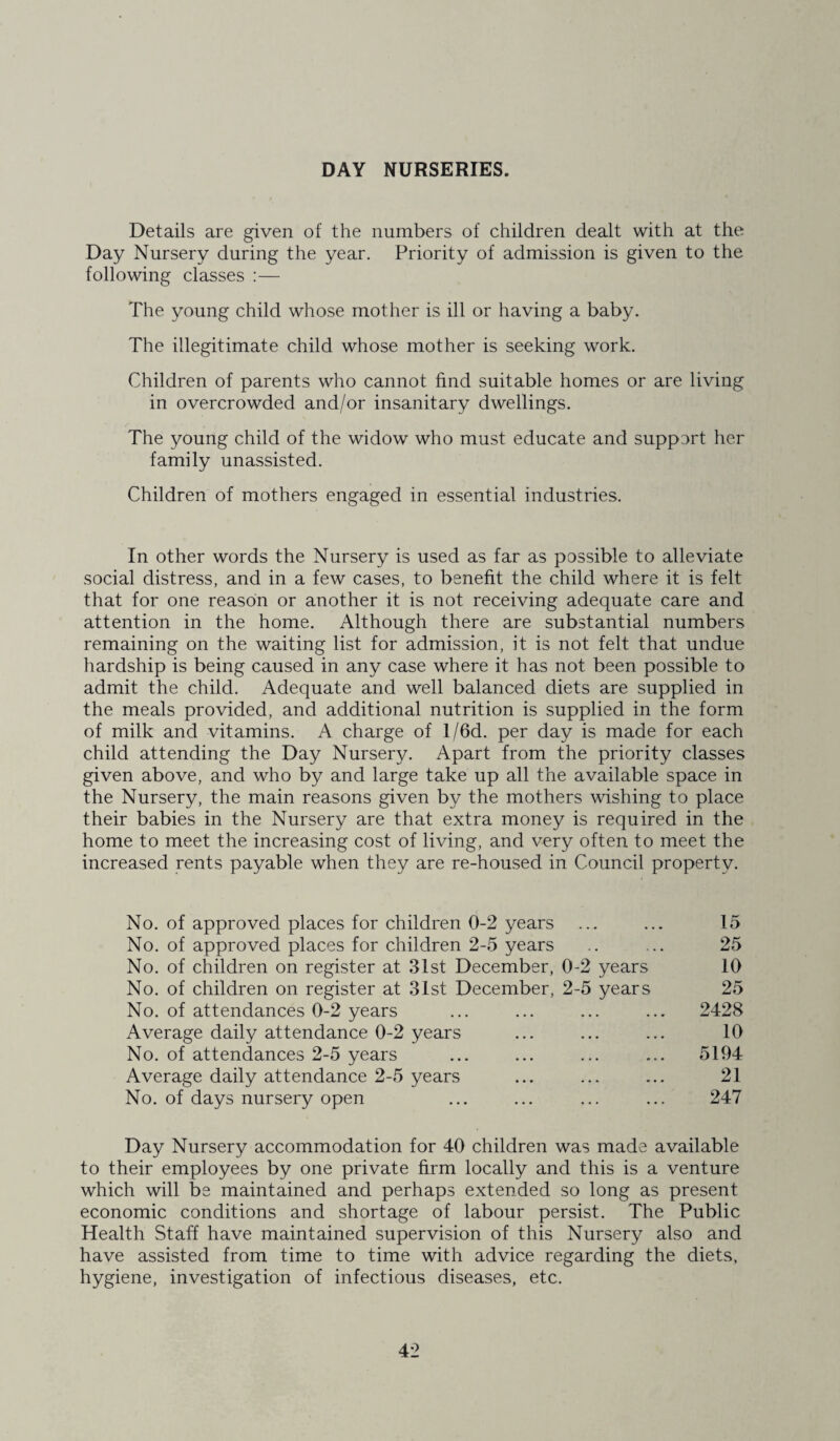 DAY NURSERIES. Details are given of the numbers of children dealt with at the Day Nursery during the year. Priority of admission is given to the following classes :— The young child whose mother is ill or having a baby. The illegitimate child whose mother is seeking work. Children of parents who cannot find suitable homes or are living in overcrowded and/or insanitary dwellings. The young child of the widow who must educate and support her family unassisted. Children of mothers engaged in essential industries. In other words the Nursery is used as far as possible to alleviate social distress, and in a few cases, to benefit the child where it is felt that for one reason or another it is not receiving adequate care and attention in the home. Although there are substantial numbers remaining on the waiting list for admission, it is not felt that undue hardship is being caused in any case where it has not been possible to admit the child. Adequate and well balanced diets are supplied in the meals provided, and additional nutrition is supplied in the form of milk and vitamins. A charge of l/6d. per day is made for each child attending the Day Nursery. Apart from the priority classes given above, and who by and large take up all the available space in the Nursery, the main reasons given by the mothers wishing to place their babies in the Nursery are that extra money is required in the home to meet the increasing cost of living, and very often to meet the increased rents payable when they are re-housed in Council property. No. of approved places for children 0-2 years ... ... 15 No. of approved places for children 2-5 years .. ,.. 25 No. of children on register at 31st December, 0-2 years 10 No. of children on register at 31st December, 2-5 years 25 No. of attendances 0-2 years ... ... ... ... 2428 Average daily attendance 0-2 years ... ... ... 10 No. of attendances 2-5 years ... ... ... ... 5194 Average daily attendance 2-5 years ... ... ... 21 No. of days nursery open ... ... ... ... 247 Day Nursery accommodation for 40 children was made available to their employees by one private firm locally and this is a venture which will be maintained and perhaps extended so long as present economic conditions and shortage of labour persist. The Public Health Staff have maintained supervision of this Nursery also and have assisted from time to time with advice regarding the diets, hygiene, investigation of infectious diseases, etc.