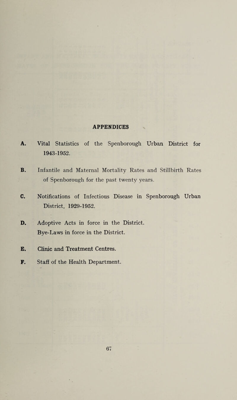 APPENDICES A. Vital Statistics of the Spenborough Urban District for 1943-1952. B. Infantile and Maternal Mortality Rates and Stillbirth Rates of Spenborough for the past twenty years. C. Notifications of Infectious Disease in Spenborough Urban District, 1929-1952. D. Adoptive Acts in force in the District. Bye-Laws in force in the District. E. Clinic and Treatment Centres. F. Staff of the Health Department.