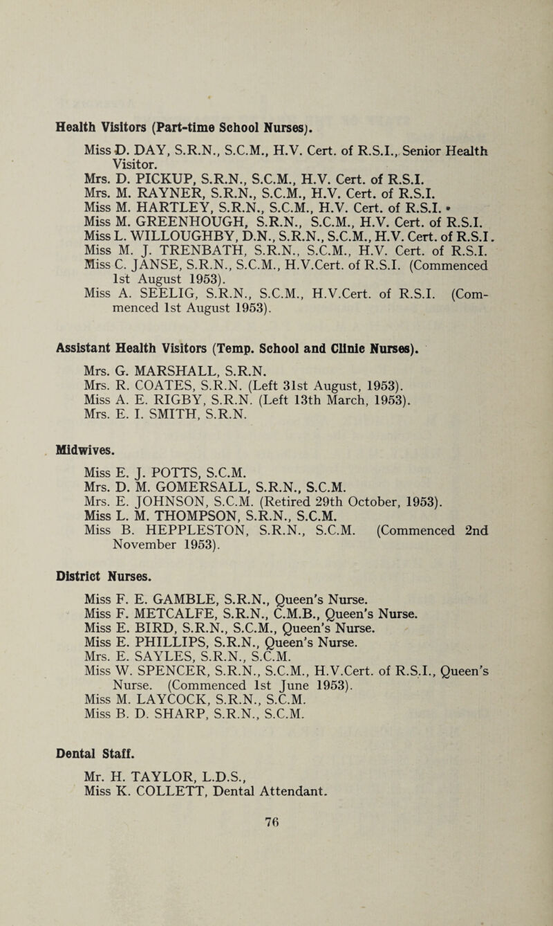 Health Visitors (Part-time School Nurses;. MissD. DAY, S.R.N., S.C.M., H.V. Cert, of R.S.I., Senior Health Visitor. Mrs. D. PICKUP, S.R.N., S.C.M., H.V. Cert, of R.S.I. Mrs. M. RAYNER, S.R.N., S.C.M., H.V. Cert, of R.S.I. Miss M. HARTLEY, S.R.N., S.C.M., H.V. Cert, of R.S.I. • Miss M. GREENHOUGH, S.R.N., S.C.M., H.V. Cert, of R.S.I. Miss L. WILLOUGHBY, D.N., S.R.N., S.C.M., H.V. Cert, of R.S.I. Miss M. J. TRENBATH, S.R.N., S.C.M., H.V. Cert, of R.S.I. Miss C. JANSE, S.R.N., S.C.M., H.V.Cert, of R.S.I. (Commenced 1st August 1953). Miss A. SEELIG, S.R.N., S.C.M., H.V.Cert. of R.S.I. (Com¬ menced 1st August 1953). Assistant Health Visitors (Temp. School and Clinic Nurses). Mrs. G. MARSHALL, S.R.N. Mrs. R. COATES, S.R.N. (Left 31st August, 1953). Miss A. E. RIGBY, S.R.N. (Left 13th March, 1953). Mrs. E. I. SMITH, S.R.N. . Midwives. Miss E. J. POTTS, S.C.M. Mrs. D. M. GOMERSALL, S.R.N., S.C.M. Mrs. E. JOHNSON, S.C.M. (Retired 29th October, 1953). Miss L. M. THOMPSON, S.R.N., S.C.M. Miss B. HEPPLESTON, S.R.N., S.C.M. (Commenced 2nd November 1953). District Nurses. Miss F. E. GAMBLE, S.R.N., Queen's Nurse. Miss F. METCALFE, S.R.N., C.M.B., Queen's Nurse. Miss E. BIRD, S.R.N., S.C.M., Queen’s Nurse. Miss E. PHILLIPS, S.R.N., Queen's Nurse. Mrs. E. SAYLES, S.R.N., S.C.M. Miss W. SPENCER, S.R.N., S.C.M., H.V.Cert. of R.S.I., Queen's Nurse. (Commenced 1st June 1953). Miss M. LAYCOCK, S.R.N., S.C.M. Miss B. D. SHARP, S.R.N., S.C.M. Dental Staff. Mr. H. TAYLOR, L.D.S., Miss K. COLLETT, Dental Attendant.