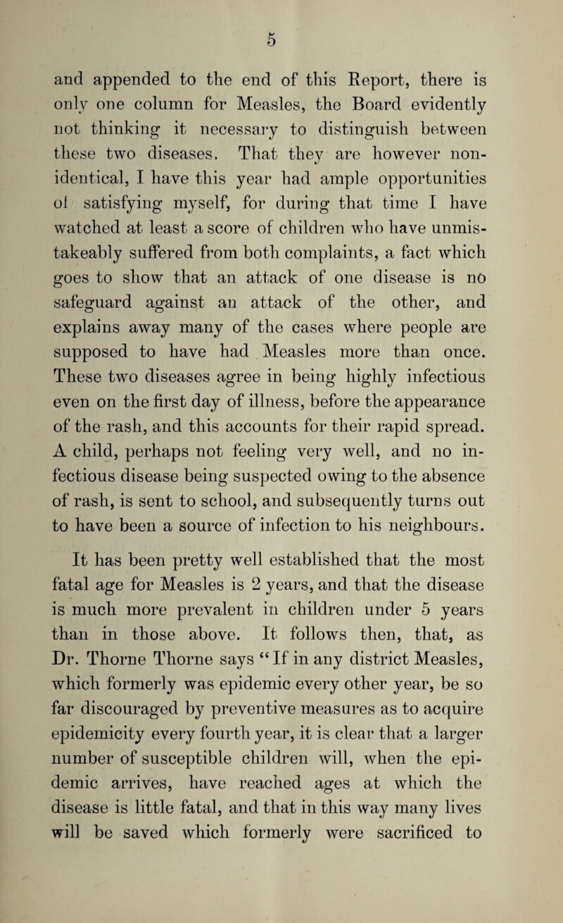 and appended to the end of this Report, there is only one column for Measles, the Board evidently not thinking it necessary to distinguish between these two diseases. That they are however non¬ identical, I have this year had ample opportunities ol satisfying myself, for during that time I have watched at least a score of children who have unmis- takeably suffered from both complaints, a fact which goes to show that an attack of one disease is no safeguard against an attack of the other, and explains away many of the cases where people are supposed to have had Measles more than once. These two diseases agree in being highly infectious even on the first day of illness, before the appearance of the rash, and this accounts for their rapid spread. A child, perhaps not feeling very well, and no in¬ fectious disease being suspected owing to the absence of rash, is sent to school, and subsequently turns out to have been a source of infection to his neighbours. It has been pretty well established that the most fatal age for Measles is 2 years, and that the disease is much more prevalent in children under 5 years than in those above. It follows then, that, as Dr. Thorne Thorne says “If in any district Measles, which formerly was epidemic every other year, be so far discouraged by preventive measures as to acquire epidemicity every fourth year, it is clear that a larger number of susceptible children will, when the epi¬ demic arrives, have reached ages at which the disease is little fatal, and that in this way many lives will be saved which formerly were sacrificed to