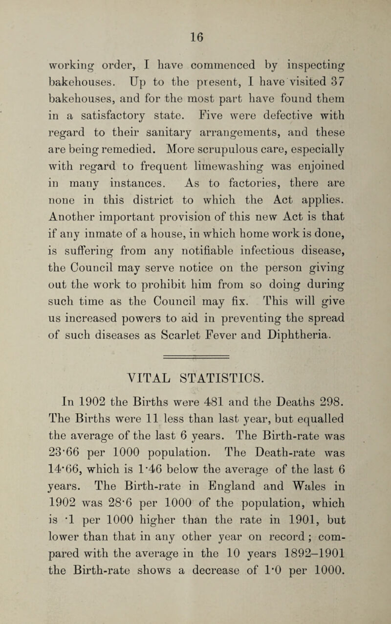 working order, I have commenced by inspecting bakehouses. Up to the present, I have visited 37 bakehouses, and for the most part have found them in a satisfactory state. Five were defective with regard to their sanitary arrangements, and these are being remedied. More scrupulous care, especially with regard to frequent limewashing was enjoined in many instances. As to factories, there are none in this district to which the Act applies. Another important provision of this new Act is that if any inmate of a house, in which home work is done, is suffering from any notifiable infectious disease, the Council may serve notice on the person giving out the work to prohibit him from so doing during such time as the Council may fix. This will give us increased powers to aid in preventing the spread of such diseases as Scarlet Fever and Diphtheria. VITAL STATISTICS. In 1902 the Births were 481 and the Deaths 298. The Births were 11 less than last year, but equalled the average of the last 6 years. The Birth-rate was 23*66 per 1000 population. The Death-rate was 14*66, which is 1*46 below the average of the last 6 years. The Birth-rate in England and Wales in 1902 was 28*6 per 1000 of the population, which is *1 per 1000 higher than the rate in 1901, but lower than that in any other year on record; com¬ pared with the average in the 10 years 1892-1901 the Birth-rate shows a decrease of 1*0 per 1000.
