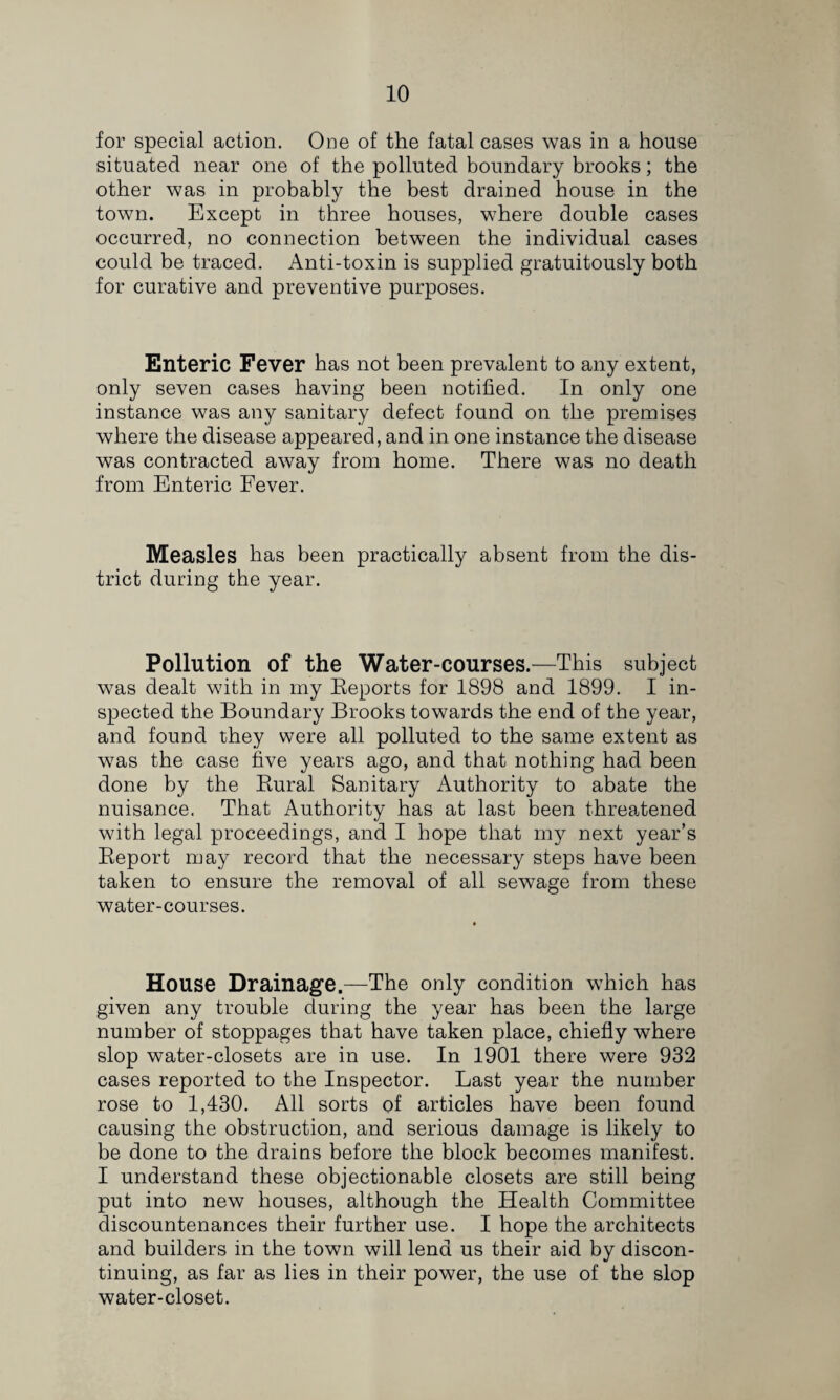 for special action. One of the fatal cases was in a house situated near one of the polluted boundary brooks; the other was in probably the best drained house in the town. Except in three houses, where double cases occurred, no connection between the individual cases could be traced. Anti-toxin is supplied gratuitously both for curative and preventive purposes. Enteric Fever has not been prevalent to any extent, only seven cases having been notified. In only one instance was any sanitary defect found on the premises where the disease appeared, and in one instance the disease was contracted away from home. There was no death from Enteric Fever. Measles has been practically absent from the dis¬ trict during the year. Pollution of the Water-courses.—This subject was dealt with in my Eeports for 1898 and 1899. I in¬ spected the Boundary Brooks towards the end of the year, and found they were all polluted to the same extent as was the case five years ago, and that nothing had been done by the Eural Sanitary Authority to abate the nuisance. That Authority has at last been threa^tened with legal proceedings, and I hope that my next year’s Eeport may record that the necessary steps have been taken to ensure the removal of all sewage from these water-courses. House Drainage.—The only condition which has given any trouble during the year has been the large number of stoppages that have taken place, chiefly where slop water-closets are in use. In 1901 there were 932 cases reported to the Inspector. Last year the number rose to 1,430. All sorts of articles have been found causing the obstruction, and serious damage is likely to be done to the drains before the block becomes manifest. I understand these objectionable closets are still being put into new houses, although the Health Committee discountenances their further use. I hope the architects and builders in the town will lend us their aid by discon¬ tinuing, as far as lies in their power, the use of the slop water-closet.