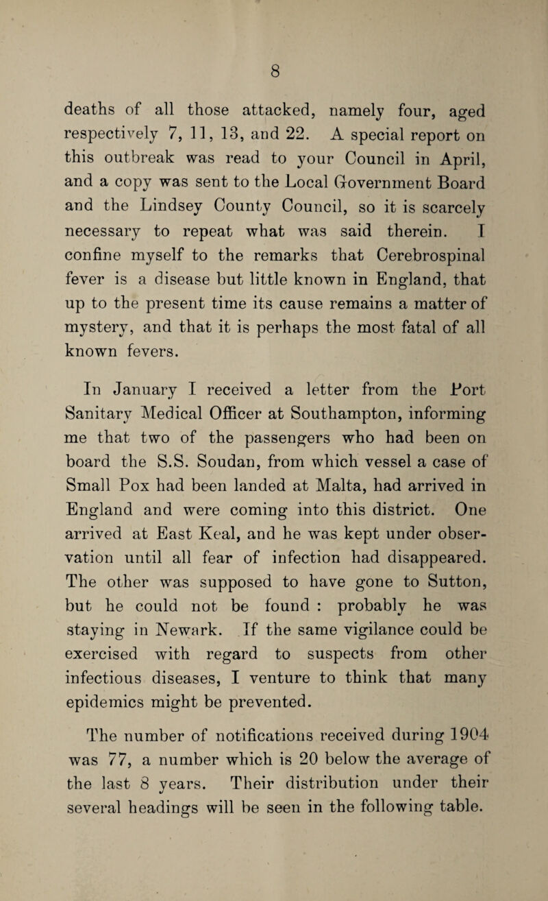 deaths of all those attacked, namely four, aged respectively 7, 11, 13, and 22. A special report on this outbreak was read to your Council in April, and a copy was sent to the Local Government Board and the Lindsey County Council, so it is scarcely necessary to repeat what was said therein. I confine myself to the remarks that Cerebrospinal fever is a disease but little known in England, that up to the present time its cause remains a matter of mystery, and that it is perhaps the most fatal of all known fevers. In January I received a letter from the Bort Sanitary Medical Officer at Southampton, informing me that two of the passengers who had been on board the S.S. Soudan, from which vessel a case of Small Pox had been landed at Malta, had arrived in England and were coming into this district. One arrived at East Keal, and he was kept under obser¬ vation until all fear of infection had disappeared. The other was supposed to have gone to Sutton, but he could not be found : probably he was staying in Newark. If the same vigilance could be exercised with regard to suspects from other infectious diseases, I venture to think that many epidemics might be prevented. The number of notifications received during 1904 was 77, a number which is 20 below the average of the last 8 years. Their distribution under their several headings will be seen in the following table.