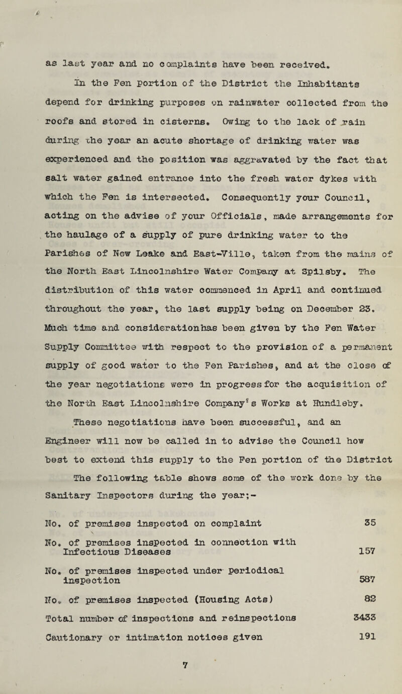 as last year and no complainte have been received* In the Pen portion of the District the Inhabitents depend for drinking parposes on rainwater collected from the roofs and stored in cisterns* Owing to the lack of jrain during xhe year an acute shortage of drinking water was experienced and the position was aggravated by the fact that salt water gained entrance into the fresh water dykes with which the Pen is intersected* Consequently your Co\incil, acting on the advise of your Officials, made arrangements for the haulage of a supply of pure drinking water to the Parishes of New Leake and Eaet-Yille, taken from the mains of the North East Lincolnshire Water Company at Spllsby* The distribution of this water commenced in April and continued throughout the year, the last supply being on December 23* Much time and consideration has been given by the Pen Water Supply Committee with respect to the provision of a permanent supply of good water to the Pen Parishes, and at the close of the year negotiations were in progress for the acquisition of the North East Lincolnshire Company's Works at Hundleby. These negotiations have been successful, and an Engineer will now be called in to advise the Council how best to extend this supply to the Pen portion of the District The following table shows some of the work done by the Sanitary Inspectors during the year;- No* of premises inspected on complaint 35 No, of premises inspected in connection with Infectious Diseases 157 No* of premises inspected under periodical inspection 587 No*, of premises inspected (Housing Acts) 82 Total number of inspections and reinspections 3433 Cautionary or intimation notices given 191