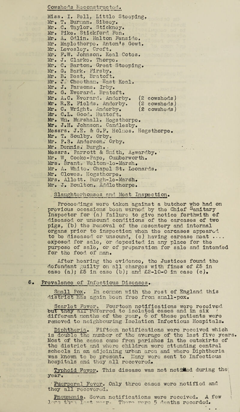 Miss. I, Poll, Little Stooping. Ivlr, T. Burnan, Sibsoy. Mr. G, Taylor. Sticknoy. Mr. Pike. Stickford Pon. Mr. A, Odlin. Halton Pensido, Mr. Maplothorpo. Anton’s Gowt. Mr, Levosloy. Croft. Mr. P.W. Johnson. Keal Cotos, Mr. J. Clarko. Thorpe, Mr, C, Barton, Great Stooping. !/Ir. G, Bark. Pirsby. Mr. Bi Best, Bratoft, Mr, JJ Choc than. East Koal, Mr, J. Parsons, Irby, Mr, G, Evorardo Bratoft. Mr. A.C, Evorard. Andorby, (2 cowshods) Mr. R.E, Plelds, Andorby, (2 cowsheds) Mr. C, V/rlght. Andorby, (2 cowshods) Mr, C.L. Good. Huttoft. Mr. Wn. Mi-rshall. Hogsthorpo* Mr. J.H, Johnson. Candlesby, Messrs, J.E. & G.P, Holnos, Hogsthorpe. Mr, T, Soulby, Orby. Mr. P.S. Anders on o' Orby. Mr. Doiinis; Burgh. . * , . . Messrs, Parrott & Snith, Aswardby.• Mr. W, Cooke-Papo, Cuuberworth. Mrs, Brante ■ Wolton^'-lo-Marsh. Mr, A. VJhlto. Chapol St. Leonards, Mr. Clowos. Hogsthorpo, Mrs, Allott. Burgh-le-Marsh. Mr, J, Boulton, Addlethorpe. Slaughterhouses and Moat Inspection. Proceedings were taken against a butcher who had on previous occasions boon warned by the Chief Sanitary Inspector for (a) failure to give notice forthwith of diseased or unsound conditions of the carcases of two pigs, (b) the -renoval of the nosentery and internal organs prior to inspection when the carcases appeared to bo diseased or unsound, (c) having carcase neat .... exposed for sale, or deposited in any place for the purpose of sale, or of preparation for sale and intended for the food of nan. After hearing the evidence, the Justices found the defendant guilty on all charges with fines of £5 in case (a); £5 in case (b); and £2-10-0 in case (c). Prevalence of Infectious Diseases. Snail Pox. In connon v;ith the rest of England this district has again been free fron snall-pox. Scarlet Pevero Pourteen notifications wore received buT'TTT^y’^^'l^TT.'e’ferred to isolated cases and in six different months of the year, 6 of these patients were removed to neighbouring Isolation Infectious Hospitals. Diphtheria. Piftoen notifications were received which is double the number of the average of the last five years. Most of the cases came from parishes in the outskirts of the district and where children were attending central schools in an adjoining urban area and v/hero Diphtheria was known to be present. Many were sent to Infectious hospitals and they all recovered. Typhoid Pevor. This disease was not notlAed during the\ year. • \ I ' Puerperal Pevero Only three cases were notified and 1 they all recoveredo | Fno\imonl3o Seven notifications were received, A few \