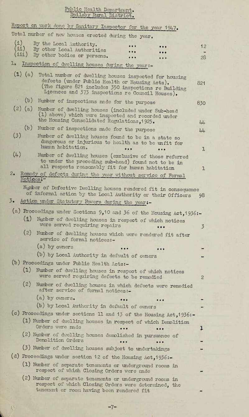 Puolic Health Department. Si:rilsb,v Rural District, Report on v/oric done by Sanitary Inspector for the year 1947, Total nxiT-ibcr of now hoiiaos erected dirring the year, i) By the Local Authority. ii) By other Local Authorities (iii) By other bodies or persons. • • • • • • t • • # • • • t • 12 28 ^° Inspection of dwelling houses during the year:- (1) (a) (b) (2) (a) Total number of dv/elling houses inspected for housing defects (under Public Health or Housing Acts). (The figure 821 includes 350 inspections re Building Licences and 373 inspections re Council Houses). 821 (b) (3) (4) Nuniber of inspections made for the purpose Nui^er of dv/elling houses (included \inder Sub-head (1) above) v/hich v/ere inspected and recorded under the Housing Consolidated Regulations,1 925. Nui±ier of inspections made for the purpose Htunber of dv/elling houses found to be in a state so dangerous or injurious to health as to be unfit for human liabitation, ... 830 14 Nuniber of dv/elling houses (exclusive of those referred to under the preceding sub-head) found not to be in all respects reasonably fit for humn habitation 2* Remedy of defects during tho year v/ithout service of Formal Notices~ -- N-^niber oi Defective Dwelling houses rendered fit in consequence of informal action by the Local Authority or their Officers 98 3• Action under Sta.tutory Pov/ers during tho year s- (a) Proceedings under Sections 9>10 and 36 of the Housing Act,1936;- (1) Number of dv/olling houses in respect of v/hich notices v/ere served requiring repairs ,,, (2) Number of dv/elling houses v/hich were rendered fit after service of formal notices (a) by o^vners ... (b) by Local Authority/' in default of ovners (b) Proceedings under Puiblic Health Acts:- (1) Number of dv/elling houses in respect of Avhich notices v/ere served requiring defects to be remedied 3 (2) Number of dwelling houses in v/hich defects were remedied after service of formal notices (a) by owners. (b) by Local Authority in default of ov/ners (c) Proceedings under sections 11 and 13 of the Housing Act,1936:- (1) Number of dv/elling houses in respect of v/hich Denr)lition Orders v/ere made ,,, ... (2) Number of dv/elling houses demolished in pursuance of Demolition Orders ... ... (3) Number of dv/elling houses subject to undertaloings (d) Proceedings under section 12 of the Housing Act,l936;- (1) Number of separate tenements or undergroimd rooitis in respect of v/hich Closing Orders v/ere made (2) Number of separate tenements or underground rooms in respect of v/hich Closing Orders v/ere determined, the tenement or room having been rendered fit -7-