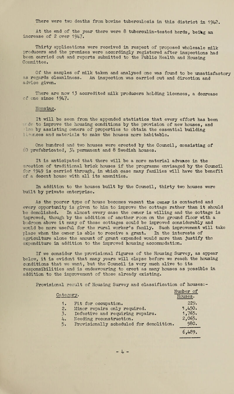 At the end of the year there were 8 tuberculin-tested herds, beikg an increase of 2 over 1947* Thirty applications were received in respect of proposed wholesale milk producers and the premises were accordingly registered after inspections had been carried out and reports submitted to the Public Health and Housing Committee, Of the samples of milk taken and analysed one was found to be unsatisfactory as regards cleanliness. An inspection was carried out and direction and advice given. There are now 13 accredited milk producers holding licences, a decrease of one since 1947* Housing. It will be seen from the appended statistics that every effort has been de to improve the housing conditions by the provision of new houses, and Ir.o by assisting owners of properties to obtain the essential bmlding lloonces and materie.ls to make the houses more habitable. One hundred and two houses were erected by the Council, consisting of 60 prefabricated, 34 permanent and 8 Swedish houses. It is anticipated that there will be a more material advance in the erection of traditional brick houses if the programme envisaged by the Council for 1949 is carried through, in which case many families will have the benefit of a decent house with all its amenities. In addition to the houses built by the Council, thirty two houses were built by private enterprise. As the poorer type of house becomes vacant the owner is contacted and every opportunity is given to him to improve the cottage rather than it should be demolished. In almost every case the owner is willing and the cottage is improved5 though by the addition of another room on the ground floor with a bodroom above it many of these cottages could be improved considerably and v/ould be more usefij.! for the rural worker’s family. Such improvement will take place when the owner is able to receive a grant. In the interests of agriculture alone the amount of grant expended would more than Justify the expenditure in addition to the improved housing accommodation. If we consider the provisional figures of the Housing Survey, as appear below, it is evident that many years will elapse before we reach the housing conditions that we want, but the Council is very much alive to its responsibilities and is endeavouring to erect as many houses as possible in addition to the improvement of those already existing. Provisional result of Housing Survey and classification of houses:- Number of Category. Houses. 1. Pit for occupation, 2. Minor repairs only required. 3. Defective and requiring repairs. 4. Needing reconstruction. 5. Provisionally scheduled for demolition. 229. 1,450. 1,765. 2,065. 980. 6,489. - 4 -