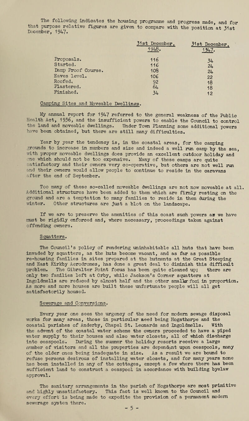 The follov^ing indicates the housing programme and progress made, and for that purpose relative figures are given to compare with the position^at ^ist Deceiriber, 1947* 31st December, 31st December 19^+8. 1947. Proposals. 116 34 Started. 116 24 Lamp Proof Course, 108 24 Eaves level. 106 22 Roofed. 92 18 Plastered. 64 18 Finished. 34 12 Camping Sites and Moveable Iwellings, My annual report for 1947 referred to the general weakness of the Public Health Act, 1936, and the insufficient powers to enable the Council to control the land and moveable dwellings. Under Town Planning some additional powers have been obtained, but there are still many difficulties. Year by year the tendency is, in the coastal areas, for the camping grounds to increase in numbers and size and indeed a well run camp by the sea, ’.vLth proper moveable dwellings does provide an excellent outdoor holiday and .'ne which should not be too expensive. Many of these camps are quite satisfactory and their owners very co-operative, but others are not well run and their owners would allow people to continue to reside in the caravans after the end of September. Too many of these so-called moveable dwellings are not now moveable at all. Additional structures have been added to them which are firmly resting on the ground and are a temptation to many families to reside in them during the Y/inter. Other structures are Just a blot on the landscape. If we are to preserve the amenities of this coast such powers an we have must be rigidly enforced and, where necessary, proceedings taken against offending owners. Squatters. The Council's policy of rendering uninhabitable all huts that have been invaded by squatters, as the huts become vacant, and as far as possible re-housing families in sites prepared at the hutments at the Great Steeping and East Kirkby Aerodromes, has done a great deal to diminish this difficult problem. The Gibralter Point focus has been quite cleaned up; there are only two families left at Orby, while Jackson's Comer squatters at Ingoldmells are reduced by almost half and the other smalTar foci in proportion. As more and more houses are built these unfortunate people will all get satisfactorily housed. Sewerage and Conversions. Every year one sees the urgency of the need for modem sewage disposal works for many areas, those in particular need being Hogsthorpe and the coastal parishes of Anderby, Chapel St. Leonards and Ingoldmells. With the advent of the coastal water scheme the owners proceeded to have a piped water supply to their houses and also Yvater closets, all of which discharge into cesspools. Luring the summer the holiday resorts receive a large iiumber of visitors and all the properties are dependent upon cesspools, many of the older ones being inadequate in size. As a result we are bound to refuse persons desirous of installing water closets, and for many years none has been installed in any of the cottages, except a few where there has been sufficient land to construct a cesspool in accordance Yd.th building byelaw approval. The sanitary arrangements in the parish of Hogsthorpe are most primitive and highly unsatisfactory. This fact is well known to the Council and every effort is being made to expedite the provision of a pex’manent modem sewerage system there.