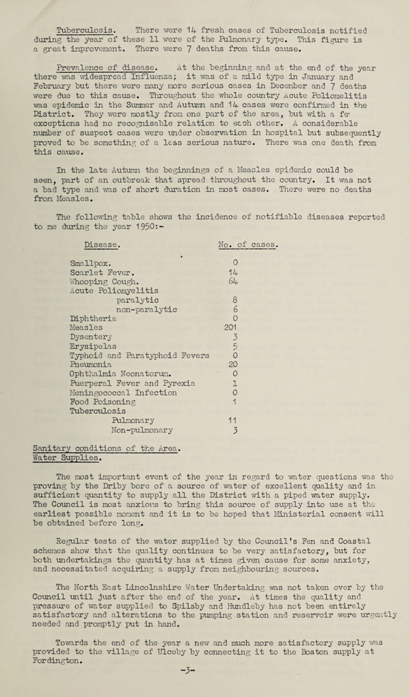 Tuberculosis. There were 14 fresh cases of Tuberculosis notified during the year of these 11 were of the Pulmonary type. This figure is a great improvement. There were 7 deaths from this cause. Prevalence of disease. At the beginning and at the end of the year there was widespread Influenza; it was of a mild type in January and February but there were many more serious cases in December and 7 deaths were due to this cause. Throughout the whole country acute Poliomelitis was epidemic in the Summer and Autumn and 14 cases were confirmed in the District. They were mostly from one part of the area, but with a fe’ exceptions had no recognisable relation to each other. A considerable number of suspect cases were under observation in hospital but subsequently proved to be something of a less serious nature. There was one death from this cause. In the late Autumn the beginnings of a Measles epidemic could be seen, part of an outbreak that spread throughout the country. It was not a bad type and was of short duration in most cases. There were no deaths from Measles. The following table shows the incidence of notifiable diseases reported to me during the year 1950:- Disease. No. of cases. Smallpox. Scarlet Fever, looping Cough. Acute Poliomyelitis paralytic non-paralytic Diphtheria Measles Dysentery Erysipelas Typhoid and Paratyphoid Fevers Pneumonia Ophthalmia Neonatorum. Puerperal Fever and Pyrexia Meningococcal Infection Food Poisoning Tuberculosis Pulmonary Non-pulmonary Sanitary conditions of the Area. Water Supplies. The most important event of the year in regard to water questions was the proving by the Driby bore of a source of water of excellent quality and in sufficient quantity to supply all the District with a piped water supply. The Council is most anxious to bring this source of supply into use at the earliest possible moment and it is to be hoped that Ministerial consent will be obtained before long. Regular tests of the water supplied by the Council's Fen and Coastal schemes show that the quality continues to be very satisfactory, but for both undertakings the quantity has at times given cause for some anxiety, and necessitated acquiring a supply from neighbouring sources. The North East Lincolnshire Water Undertaking was not taken over by the Council ■until just after the end of the year. At times the quality and pressure of water supplied to Spilsby and Hundleby has not been entirely satisfactory and alterations to the pumping station and reservoir were urgently needed and promptly put in hand. Towards the end of the year a new and much more satisfactory supply was provided to the village of Ulceby by connecting it to the Boston supply at Fordington. 0 14 64 8 6 0 201 3 5 o 20 0 1 0 1 11 3 -3-