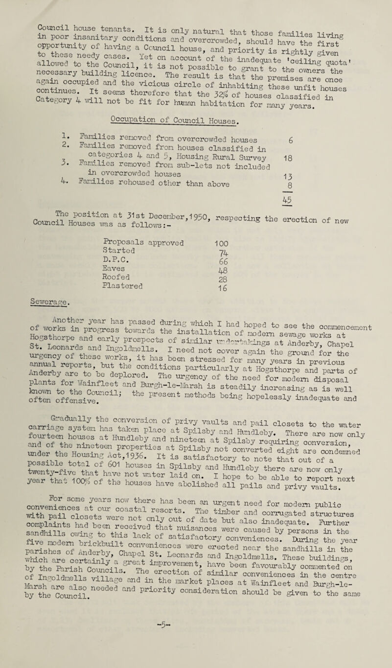 Council house fcencints. I*fc is onlv - . in poor insanitary conditions and overcrowded should have the fa™?® opportunity of having a Council house, and priority isllght^ £wn again occupied and the vicious circle of inhabiting these unfit houses continues. It seems therefore that the 32?b of houses classified in Category 4 will not be fit for human habitation for many years! Occupation of Council Houses. 1. Families removed from overcrowded houses 6 2. Families removed from houses classified in categories 4 and 5, Housing Rural Survey 18 b. Families removed from sub-lets not included in overcrowded houses 4. Families rehoused other than above 8 45 The position at 31st December,1950 Council Houses was as follows respecting the erection of new Proposals approved 100 Started 74 D.P.C. 66 Eaves 48 Roofed 28 Plastered 16 Sewerage. Another year has passed during which I had hnopr! fn of works in progress towards 4.. nc‘a n°Pea to see the commencement rr jlu Vw towards the installation of modem sewage work-* Hogsthorpe and early prospects of similar undertakings aH^Srhy Chanel St. Leonards and Ingoldmells. I need not cover agaif the gmmd for the urgency of these works, it has been stressed for mny year!STprertous AndSbyrarerto’beUden?e Tdime°nS Particularly at Hogsthorpe and parts of Fngt V? 1G a®PlOTed. The urgency of the need for modem disposal plants for fain fleet and Burgh-le-Marsh is steadily increasing as is well Sten ^fensiSer0115 ^ neth°a3 b®“S hoPele3sly ^adequate and carri5'^ystenth4°rv8r3l?n °f HP7 VaUltS and Pail olosets to the ^ter ?oSaeie K altodSbf4°d • Th6re are n” °nly rsav“s?/stsssl, r rl t936- “ 13 satisfact°ry to note that out of a twentv-five ih,Fh6 hoy33 “ Spilsby and Hundleby there are now only y^r th£ ofX h 'raTr laia °n- 1 h°Pe to he able to report next year tha„ 100$, of the houses have abolished all pails and privy vaults. For some years now there has been an urgent need for modem public conveniences at our coastal resorts Th* glow -T ° PUD11G -nn-n 4. resorts, ine timber and corrugated structures ssr™ ±r£rh?rsr which ^e pe} ?t* Leona^ds and Ingoldmells. These buildings, bf the^Parish Coum^i?sSre?h lnpr°I?ment> h?vf been favourably commented on of Ingoldmells vin-T ^ e;J?ct?-on of similar conveniences in the centre Marsh are ^ “ the 1THrket P^ces at Wainfleet and Burgh-le- by the Council. d6d ^ Priority consideration should be given to the same -5“