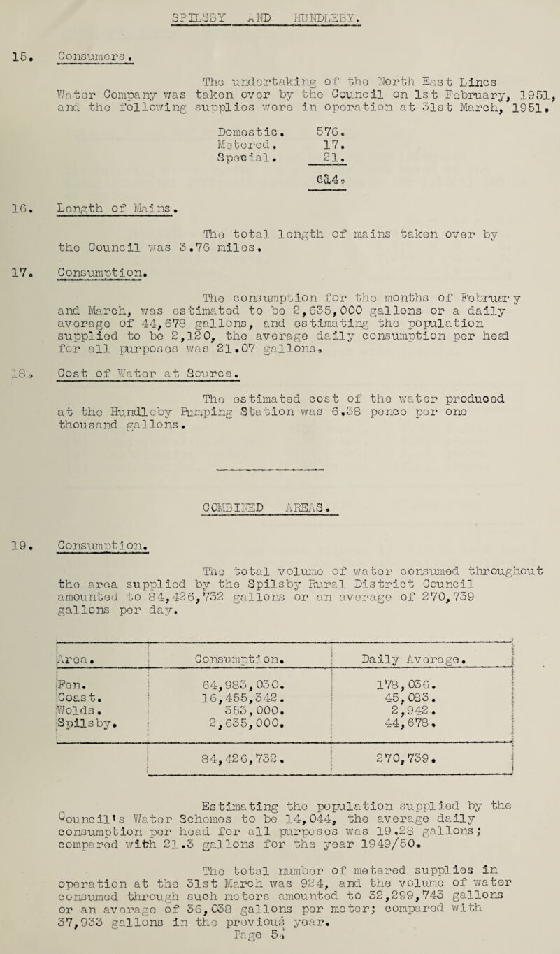 SPILSBY aKD HUNDLEBY. Consumers. Tho undertaking of the North East Lines Water Company was taken over by the Council on 1st February, 1951, and tho following supplies were in operation at 51st March, 1951. Domestic. 576 * Metered. 17. Special• 21. G&4 9 Length of Mains. The total longth of mains taken over by the Council was 5.76 miles. Consumption. The consumption for tho months of February and March, was estimated to bo 2,655,000 gallons or a daily average of 44,678 gallons, and estimating the population supplied to be 2,12 0, the average daily consumption per head for all purposes was 21.07 gallons, Cost of Water at Source. The estimated cost of the water produood at the Hundloby Pumping Station was 6,58 pence per one thousand gallons. COMBINED AREAS. Consumetion. The total volume of water consumed throughout the area supplied by the Spilsby Rural District Council amounted to 84,426,752 gallons or an average of 270,759 gallons per day. Area • Consumption. t t Daily Average. :Fen. 64,985,050. 178,056. 1 Coast. 16,455,542. 45,085, Wolds. 555,000. 2,942. ■-Spilsby. I 2,655,000. 44,678. £ 84,42 6,752. 270,759. ' | Estimating the population supplied by the Council*s Water Schemes to bo 14,044, tho average daily consumption per head for all purposes was 19.28 gallons; compared with 21.5 gallons for the year 1949/50, Tho total number of metered supplies in operation at the 51st March was 924, and the volume of water consumed through such motors amounted to 52,299,745 gallons or an average of 56,058 gallons per meter; compared with 57,955 gallons in tho previous yoar. Pa ge 5 <i