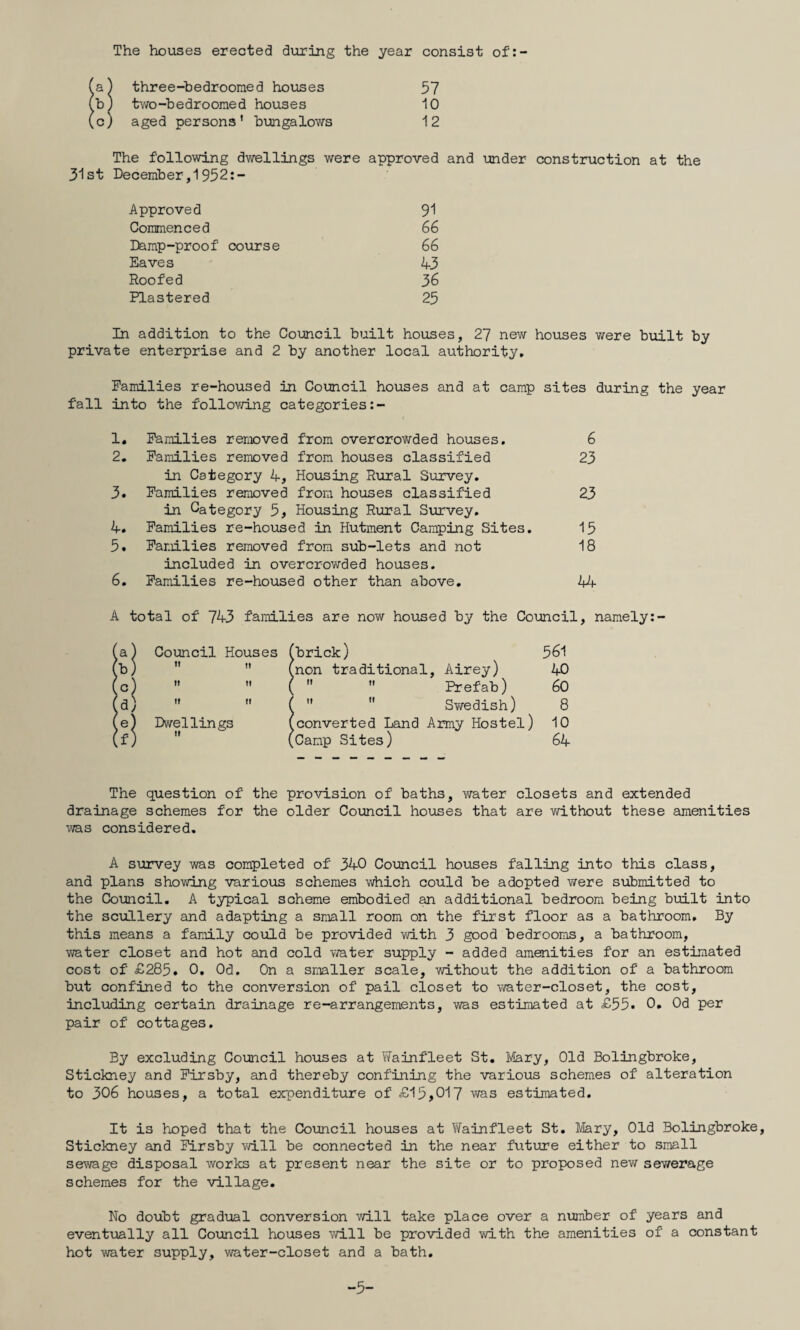 The houses erected during the year consist of:- three-bedroonied houses 57 two-bedrooined houses 10 aged persons' bungalows 12 The following dwellings were approved and under construction at the 31st December,1952:- Approved 91 Commenced 66 Damp-proof course 66 Eaves 43 Roofed 36 Plastered 25 In addition to the Council built houses, 27 new houses were built by private enterprise and 2 by another local authority* Families re-housed in Council houses and at camp sites during the year fall into the follov/ing categories 1, Families removed from overcrowded houses. 6 2, Famlies removed from houses classified 23 in Category 4, Housing Rural Survey, 3, Families removed from houses classified 23 in Category 5, Housing Rural Survey, 4, Families re-housed in Hutment Camping Sites, 15 5, Families removed from sub-lets and not 18 included in overcrowded houses. 6, Families re-housed other than above. 2+4 A total of 743 families are now housed by the Council, namely Ia) Council Houses fbrick) 5^1 b) (non traditional, Airey) i+jC c) ( Prefab) 6C d) ( SY/edish) 8 e) Dwellings (converted Land Army Hostel) 1C f) (Camp Sites) 64 The question of the provision of baths, water closets and extended drainage schemes for the older Council hoxises that are v/ithout these amenities was considered, A survey was completed of 34C Council houses falling into this class, and plans shoYdng various schemes which could be adopted v/ere submitted to the Council, A typical scheme embodied an additional bedroom being built into the scullery and adapting a small room on the first floor as a bathroom. By this means a family could be provided Ydth 3 good bedrooms, a bathroom, Y/ater closet and hot and cold vrater supply - added amenities for an estimated cost of £285, 0. Cd. Cn a smaller scale, without the addition of a bathroom but confined to the conversion of pail closet to v/ater-closet, the cost, including certain drainage re-arrangements, was estimated at £55. 0, Cd per pair of cottages. By excluding Council houses at Yfainfleet St. Mary, Cld Bolingbroke, Stickney and Firsby, and thereby confining the various schemes of alteration to 306 houses, a total expenditure of £15,017 was estimated. It is hoped that the Council houses at Yfainfleet St, IVIary, Cld Bolingbroke, Stickney and Firsby vd.ll be connected in the near future either to small sewage disposal works at present near the site or to proposed new sev/erage schemes for the village. No doubt gradual conversion will take place over a number of years and eventually all Council houses will be provided vd.th the amenities of a constant hot vrater supply, water-closet and a bath. -5-