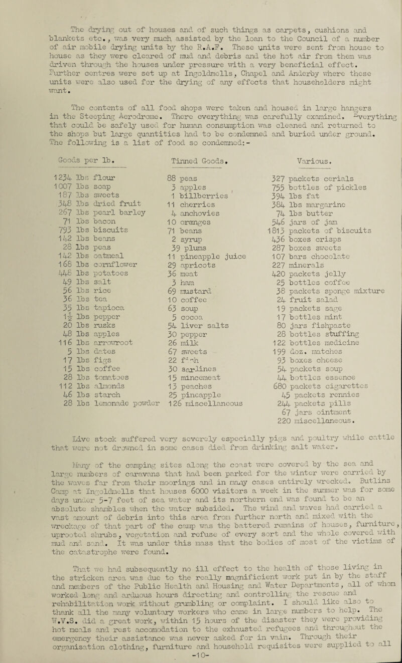 The clryinf- out of houses and of such things as cojrpets, cushions and hlanlcets etc., v;as very much assisted by the loan to the Coimcil of a number of air mobile drying units by the R.A.P. These units vrere sent from house to house as they were cleared of mud .and debris and the hot air from them v/as driven through the houses under prcss-ure v/ith a very beneficial effect, further centres were set up at Ingoldmclls, Chapel and Andcrby where these units were also used for the drying of -any effects that householders might wont. The contents of all food shops were talcen and housed in large hangers in the Steeping Aerodrome. There everything v/as carefully examined, -Everything tha.t could be safely used for human consumption was cleaned and returned to the shops but large quantities load to be condemned and buried under ground. The following is a list of food so condemned;- Goods per lb. Tinned Goods. Various. 123lf 1007 187 lbs lbs lbs flour soap sv/eets 88 peas 3 apples 1 billberries 327 packets cerials 755 bottles of pickles 394 lbs fat 348 lbs dried fruit 11 cherries 384 lbs margarine 267 lbs pearl barley 4 anchovies 74 lbs butter 71 lbs bacon 10 oranges 546 jars of jam 793 lbs biscuits 71 beans 1813 packets of biscuits 142 lbs beans 2 syrup 436 boxes crisps 28 lbs peas 39 plums 287 boxes sweets 142 lbs o.atmeal 11 pineapple juice 107 bars chocolate 168 lbs cornflower 29 apricots 227 minerals 448 lbs pot-atoes 36 meat 420 packets jelly 49 lbs salt 3 ham 25 bottles coffee 56 lbs rice 69 mustard 38 nackets sponge mixture 36 lbs tea 10 ooffee 24 fruit salad 35 lbs tapioca 63 soup 19 packets sage A ~ ' 2 lbs pepper 5 cocoa 17 bottles mint 20 lbs rusks 54 liver salts 80 jars fishpaste 48 lbs apples 30 pepper 28 bottles stuffing 116 lbs arro^TToot 26 milk 122 bottles medicine 5 lbs da.tes 67 sweets 199 doz. matches 17 lbs figs 22 f -'•h 93 boxes cheese 15 lbs coffee 30 s onlines 54 packets soup 28 lbs toma.toes 15 mincemeat 44 bottles essence 112 lbs almonds 13 peaches 680 packets cig-orettes 46 lbs starch 25 pineapple 45 packets rennies 28 lbs lemona.de powder 126 miscellaneous 244 packets pills 67 jars ointment 220 miscellaneous. Live stock suffered very severely especially pigs .and poultry \.iiile or dtle tha.t v.^ere not drowned in some cases died from drinicing salt water. liany of the camping site s along the coast v7ere covered by the sea and large numbers of c-aravanc th.at had been pa.rked for the v/inter v/ere carried by the w' avos far from their moorings .and in maiiy cases entirely wrecked. Butlins Camp at In^-oldmells tha.t houses 6000 visitors a week in the summer v;as for some da.ys under 5“7 feet of sea wa. tor and its northern end was found to be an ab solute slrambles when the water subsided. The wind and v/aves had carrieiA a vant amount of debris into this area from further north and mixed with the v/reckage of that part of the camp wa.s the battered remains of houses, furniture, uprooted shrubs, vegetation and refuse of every sort and the v/hole covered i/ith mud and sand. It v/as under this mass that the bodies of most of the victims of the cata.strophe were foxmd. Tha-t v/e had subsequently no ill effect to the health of those living in the stricken area was due to the really magnificient work put in by the staff and meiibers of the Public Health and Housing and Water Departments, all of whom worked long, and arduous hours directing and controllih^^ the rescue and rehabilita.tion work without grumbling or complaint. I should like also to thank all the many voluntary v/orkers who came in large numbers to help. The W.V.S. did a. great v/ork, \/ithin 15 hours of the disaster they were providing hot meals and rest accomodation to the exhausted refugees and throu^^hout the emergency their assistance was never asked for in va^in. Through their organisation clothing, furniture and household requisites were supplied to all -10-