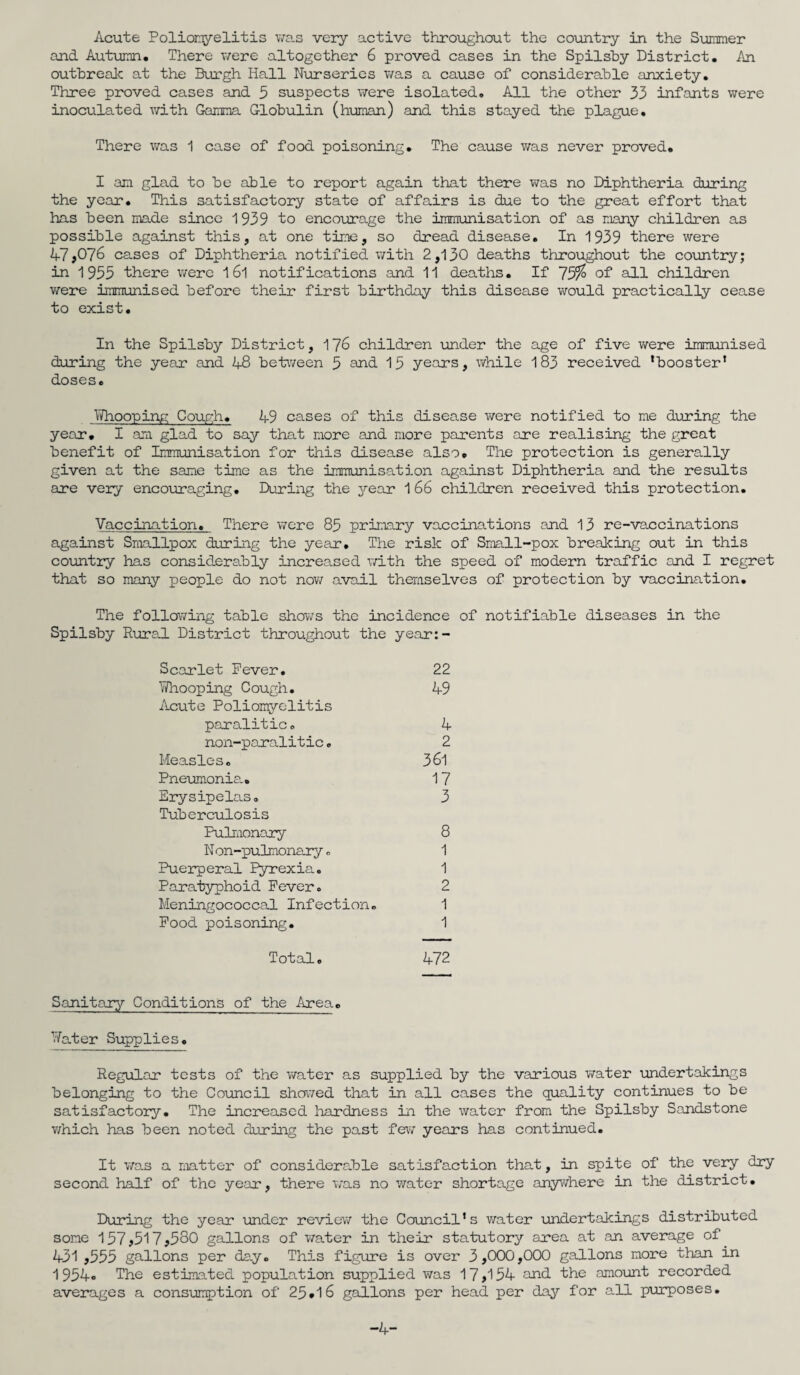 Acute Polioqyelitis wa.s very active throughout the country in the Suramer and Autumn. There 7/ere altogether 6 proved cases in the Spilsby District. An outbreak at the Burgh Hall Nurseries v/as a cause of considerable anxiety. Three proved cases and 5 suspects were isolated. All the other 33 infants were inoculated v/ith Gamma Globulin (h-uman) and this stayed the plague. There 7vas i case of food poisoning. The cause was never proved. I an glad to be able to report again that there was no Diphtheria daring the year. This satisfactory state of affairs is due to the great effort that has been made since 1939 to encourage the immunisation of as many children as possible against this, at one tine, so dread disease. In 1939 there were 47>076 cases of Diphtheria notified v/ith 2,130 deaths throughout the country; in 1955 there were 16l notifications and 11 deaths. If of all children v/ere immunised before their first birthday this disease would practically cease to exist. In the Spilsby District ,176 children under the age of five were immunised during the year and 48 between 3 ai^d 15 years, while 183 received ‘booster’ doses. IThooping Cough. 49 cases of this disease were notified to me during the year. I am glad to say that more and more parents are realising the great benefit of Immunisation for this disease also. The protection is generally given at the same time as the immunisation against Diphtheria and the results are very encouraging. During the year 1 66 children received this protection. Vaccination. There v/ere 85 primary vaccinations and 13 re-vaccinations against Smallpox during the year. The risk of Small-pox breaking out in this country has considerably increased v/ith the speed of modern traffic and I reg-ret that so many people do not nov/ avail themselves of protection by vaccination. The following table shows the incidence of notifiable diseases in the Spilsby Rural District throughout the year:- Scarlet Fever. 22 Whooping Cough. 49 Acute Poliomyelitis paralitic. 4 non-paralitic. 2 Measles. 36l Pneimaonia.. 17 Erysipelas, 3 Tuberculosis Pulmonary 8 N on-pulmonary. 1 Puerperal Pyrexia. 1 Paratyphoid Fever. 2 Meningococcal Infection. 1 Food poisoning. 1 Total, 472 Sanitary Conditions of the Area. Water Supplies. Regular tests of the water as supplied by the various water undertakings belonging to the Council showed that in all cases the quality continues to be satisfactory. The increased hardness in the water from the Spilsby Sandstone v/hich has been noted during the past few years has continued. It was a matter of considerable satisfaction tha.t, in spite of the very dry second half of the year, there v/as no water shortage anyv/here in the district. During the year under review the Council’s v/ater undertaJvings distributed some 157>5l7j58C gallons of water in their statutory area at an average of 431 ,555 gallons per day. This figure is over 3,CCC,CCC gallons more than in 1954 The estimated population supplied was 17,154 and the amount recorded averages a consumption of 25.1 6 gallons per head per day for all purposes. -4-