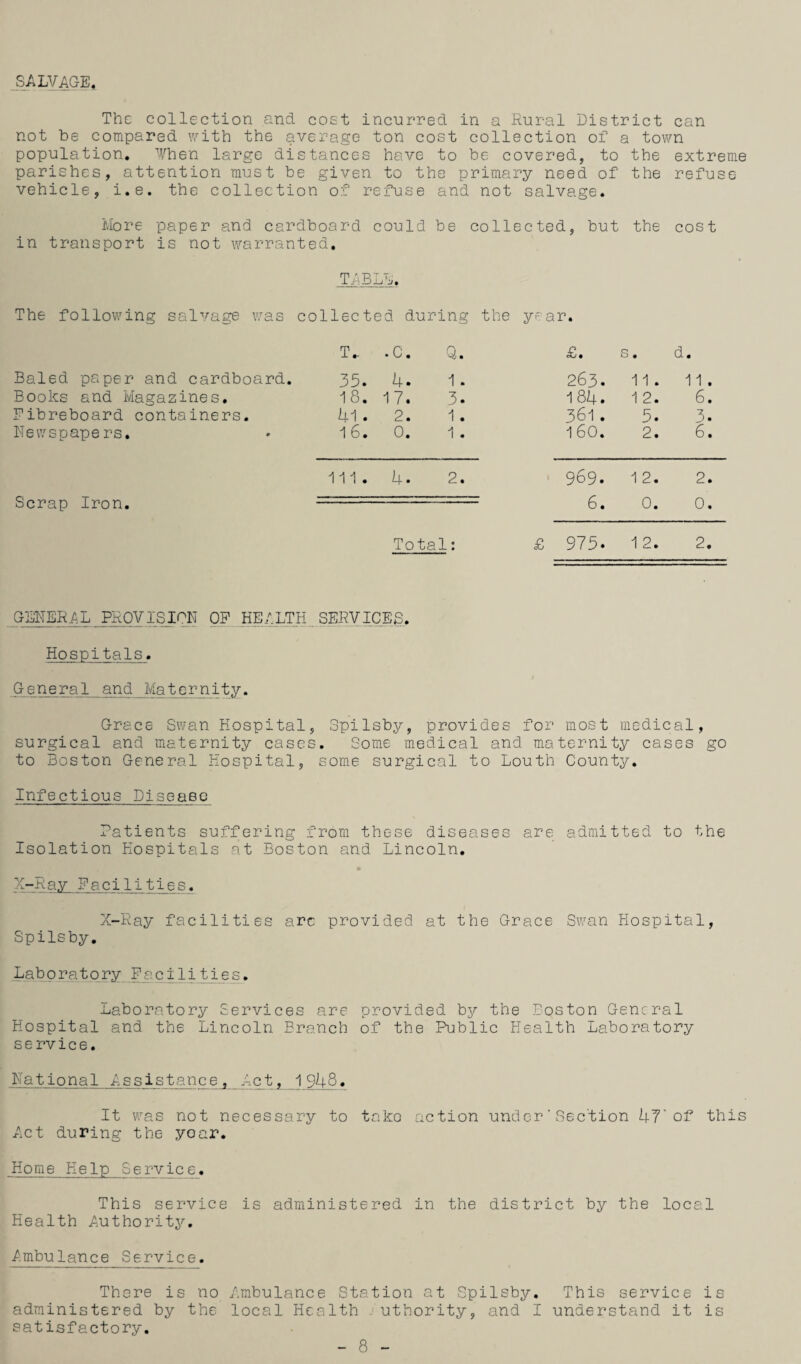 SALVAGE The collection and coet incurred in a Rural District can not be compared v,'ith the average ton cost collection of a town population, ¥hen large distances have to be covered, to the extreme parishes, attention must be given to the primary need of the refuse- vehicle, i.e. the collection of refuse and not salvage. More paper and cardboard could be collected, but the cost in transport is not warranted. TABLE, The follow-ing salvage w-as collec t( ed during the year. T.- -C. Q. £. s. d. Baled paper and cardboard. 35. 4. 1. 263. 11 . 11 . Books and Magazines, 18. 17. 3. 184. 1 2. 6. Fibreboard containers. 41. 2. 1 . 361. 5. 3. Newspapers, 16. 0. 1 . 160. 2. 6. 111. 4. 2. 969. 1 2. 2. Scrap Iron. 6. 0. 0. Total: £ 975. 1 2. 2. general mov QP,_ he a lth „ serv ices . Hospitals. P enera1 pnity. Grace Swan Hospital, Spilsby, provides for most medical, surgical and maternity cases. Some medical and maternity cases go to Boston General Hospital, some surgical to Louth County. Infectious Diseasc Patients suffering from these diseases are admitted to the Isolation Hospitals at Boston and Lincoln, * X-Ray Pacllities. X-Ray facilities arc provided at the Grace Swan Hospital, Spilsby, Laboratory Facilities. Laboratory Services are provided by the Boston General Hospital and the Lincoln Branch of the Public Health Laboratory service. National Assistance. Act^ 1948. It was not necessary to take action under'Section 47’of this Act during the year. Home Help Service, This service is administered in the district by the local Health Authoritj^, Ambulance Service. There is no Ambulance Station at Spilsby, This service is administered by the local Health . uthority, and I understand it is satisfactory. 8