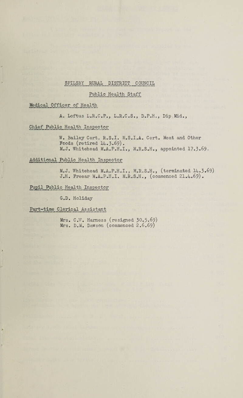 SPILSBY.RURAL.DISTRICT , COUNCIL Public Health Staff Medical Off ice r of_ ji_e alth A. Loftus L.R.C.P., L.R.C.S., D.P.H., Dip Mid., Chief Public Health Inspector W. Bailey Cert. R.S.I. M.S.I.A. Cert. Meat and Other Poods (retired 14.3*69). M.J. Whitehead M.A.P.H.I., M.R.S.H., appointed 17.3.69* Additional Public M.J. Whitehead M.A.P.H.I., M.R.S.H., (terminated 14.3.69) J.H. Freear M.A.P.H.I. M.R.S.H., (commenced 21.4.69). G-.D. Holiday Part-time Clerical Assistant Mrs. C.W. Harness (resigned 30.5.69) Mrs. D.M. Dawson (commenced 2.6.69)