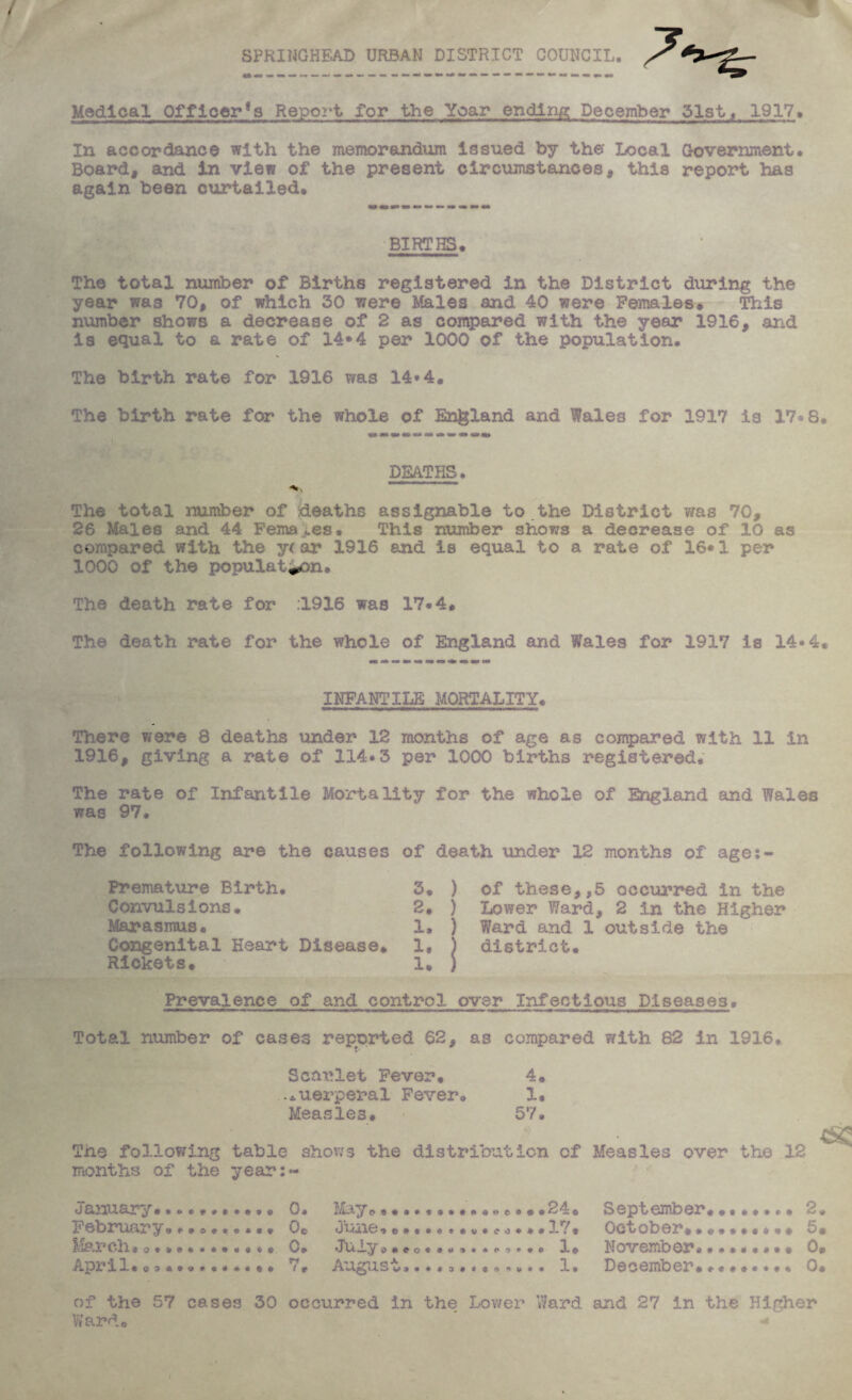 SPRINGHFAD URBAN DISTRICT COUNCIL. Medical Officer*s Report for the Year ending December 51st< 1917. In accordance with the memorandum issued by the Local Government* Board, and In view of the present circumstances, this report has again been curtailed* BIRTHS* The total number of Births registered in the District during the year was 70, of which 30 were Males and 40 were Females* This number shows a decrease of 2 as compared with the year 1916, and is equal to a rate of 14*4 per 1000 of the population. The birth rate for 1916 was 14*4. The birth rate for the whole of England and Wales for 1917 is 17*8 DEATHS. The total number of deaths assignable to.the District was 70, 26 Males and 44 Fema>es* This number shows a decrease of 10 as compared with the year 1916 and is equal to a rate of 16«1 per 1000 of the i)opulat^n* The death rate for ;1916 was 17*4. The death rate for the whole of England and Wales for 1917 is 14«4 INFANTILE MORTALITY* There were 8 deaths under 12 months of age as cougared with 11 in 1916, giving a rate of 114*3 per 1000 births registered.' The rate of Infantile Mortality for the whole of England and Wales was 97* The following are the causes of death under 12 months of age;- Premature Birth* 3 Convulsions* 2 Marasmus* 1 Congenital Heart Disease* 1 Rickets* 1 ) of these,,5 occurred in the ) Lower Ward, 2 in the Higher ) Ward and 1 outside the ) district. Prevalence of and control over Infectious Diseases. Total number of cases reported 62, as compared with 82 in 1916* Scarlet Fever. 4* .i.uerperal Fever. 1. Measles* 57. The following table shows the distribution of Measles over the 12 months of the year:- danuairy. *.•*«•.*.* 0. February...o*...** 0© ^Is.rch*o.».* 0* April.00...*..*.•* 7, May c>«**.«*****»ee** 24 * June ■>o****t*v*co.** 17 * July o**o«*<*.«.(<o>.* 1* A ugu 1. September October*. November. December* of the 57 cases 30 occurred in the. Lower V/ard and 27 in the Higher Ward. 03 lO O O