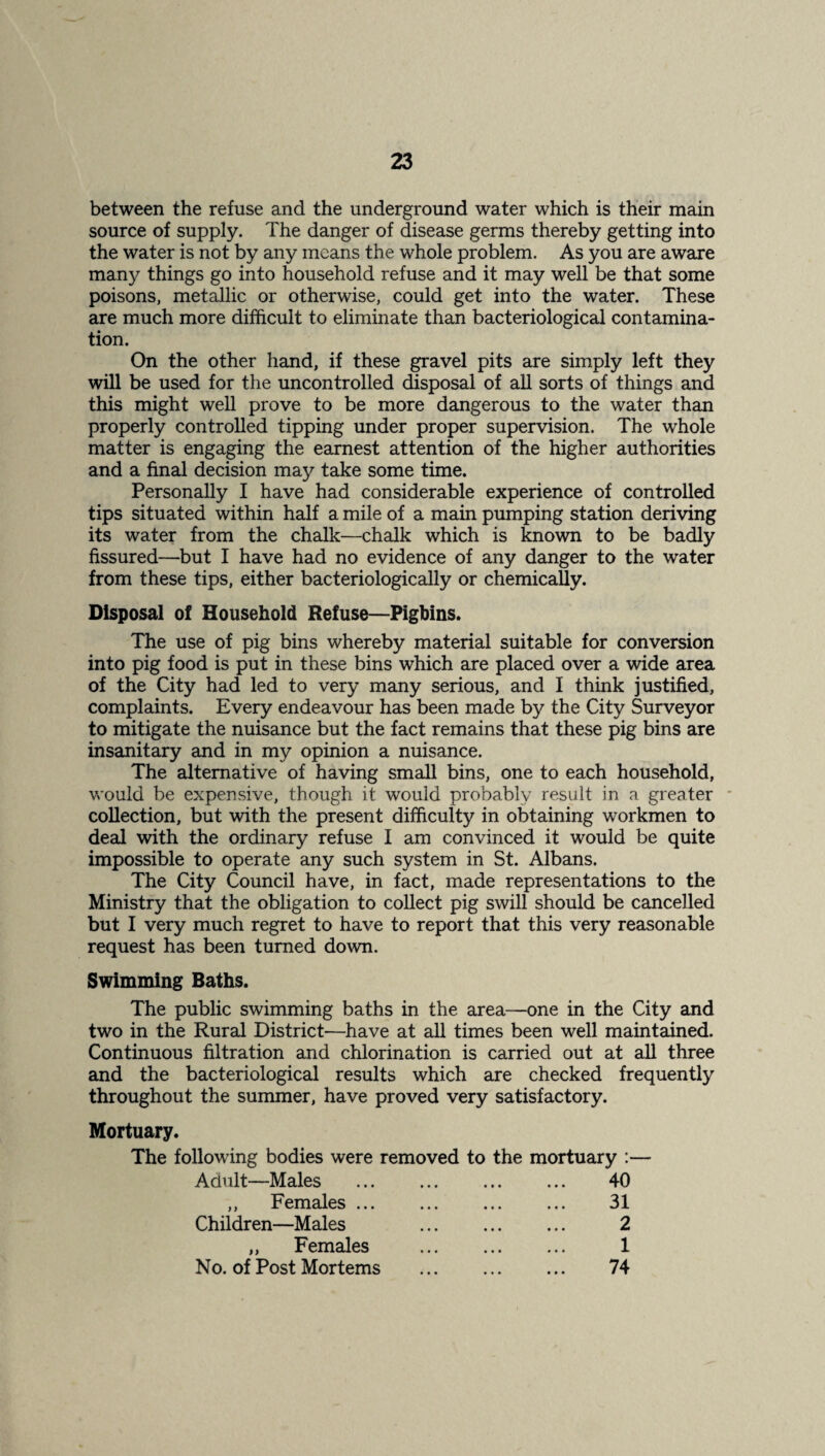 between the refuse and the underground water which is their main source of supply. The danger of disease germs thereby getting into the water is not by any means the whole problem. As you are aware many things go into household refuse and it may well be that some poisons, metallic or otherwise, could get into the water. These are much more difficult to eliminate than bacteriological contamina¬ tion. On the other hand, if these gravel pits are simply left they will be used for the uncontrolled disposal of all sorts of things and this might well prove to be more dangerous to the water than properly controlled tipping under proper supervision. The whole matter is engaging the earnest attention of the higher authorities and a final decision may take some time. Personally I have had considerable experience of controlled tips situated within half a mile of a main pumping station deriving its water from the chalk—chalk which is known to be badly fissured—but I have had no evidence of any danger to the water from these tips, either bacteriologically or chemically. Disposal of Household Refuse—Pigbins. The use of pig bins whereby material suitable for conversion into pig food is put in these bins which are placed over a wide area of the City had led to very many serious, and I think justified, complaints. Every endeavour has been made by the City Surveyor to mitigate the nuisance but the fact remains that these pig bins are insanitary and in my opinion a nuisance. The alternative of having small bins, one to each household, v’ould be expensive, though it would probably result in a greater collection, but with the present difficulty in obtaining workmen to deed with the ordinary refuse I am convinced it would be quite impossible to operate any such system in St. Albans. The City Council have, in fact, made representations to the Ministry that the obligation to collect pig swill should be cancelled but I very much regret to have to report that this very reasonable request has been turned down. Swimming Baths. The public swimming baths in the area—one in the City and two in the Rural District—have at all times been well maintained. Continuous filtration and chlorination is carried out at all three and the bacteriological results which are checked frequently throughout the summer, have proved very satisfactory. Mortuary. The following bodies were removed to the mortuary :— Adult—Males . 40 ,, Females. 31 Children—Males 2 ,, Females . 1 No. of Post Morterns ... 74