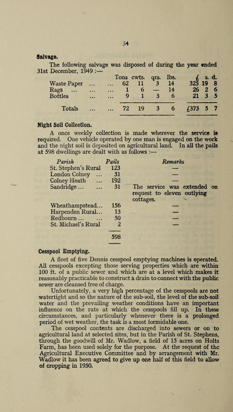 Salvage. The following salvage was disposed of during the year ended 31st December, 1949 :— Tons cwts. qrs. lbs. i s. d. Waste Paper ... ... 62 11 3 14 325 19 8 Rags . 1 6 — 14 26 2 6 Bottles 9 1 3 6 21 3 5 Totals ... 72 19 3 6 £373 5 7 Night Soil Collection. A once weekly collection is made wherever the service is required. One vehicle operated by one man is engaged on the work and the night soil is deposited on agricultural land. In all the pails at 598 dwellings are dealt with as follows :— Parish PaUs Remarks St. Stephen’s Rural 123 — London Colney ... 31 — Colney Heath 192 — Sandridge. 31 The service was extended on request to eleven outlying cottages. Wheathampstead... 156 — Harpenden Rural... 13 — Redboum. 50 — St. Michael’s Rural 2 — 598 Cesspool Emptying. A fleet of five Dennis cesspool empt5dng machines is operated. All cesspools excepting those serving properties which are within 100 ft. of a public sewer and which are at a level which makes it reasonably practicable to construct a drain to connect with the public sewer are cleansed free of charge. Unfortunately, a very high percentage of the cesspools are not watertight and so the nature of the sub-soil, the level of the sub-soil water and the prevailing weather conditions have an important influence on the rate at which the cesspools fill up. In these circumstances, and particularly whenever there is a prolonged period of wet weather, the task is a most formidable one. The cesspool contents are discharged into sewers or on to agricultural land at selected sites, but in the Parish of St. Stephens, through the goodwill of Mr. Wadlow, a field of 15 acres on Holts Farm, has been used solely for the purpose. At the request of the Agricultural Executive Committee and by arrangement with Mr. Wadlow it has been agreed to give up one half of this field to allow of cropping in 1950.