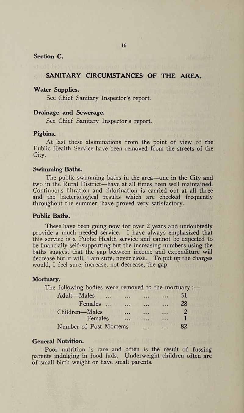Section C. SANITARY CIRCUMSTANCES OF THE AREA. Water Supplies. See Chief Sanitary Inspector’s report. Drainage and Sewerage. See Chief Sanitary Inspector’s report. Pigbins. At last these abominations from the point of view of the Public Health Service have been removed from the streets of the City. Swimming Baths. The public swimming baths in the area—one in the City and two in the Rural District—have at all times been well maintained. Continuous filtration and chlorination is carried out at all three and the bacteriological results which are checked frequently throughout the summer, have proved very satisfactory. Public Baths. These have been going now for over 2 years and undoubtedly provide a much needed service. I have always emphasized that this service is a Public Health service and cannot be expected to be financially self-supporting but the increasing numbers using the baths suggest that the gap between income and expenditure will decrease but it will, I am sure, never close. To put up the charges would, I feel sure, increase, not decrease, the gap. Mortuary. The following bodies were removed to the mortuary Adult—Males . 51 Females ... Children—Males Females Number of Post Mortems 28 2 1 82 General Nutrition. Poor nutrition is rare and often is the result of fussing parents indulging in food fads. Underweight children often are of small birth weight or have small parents.