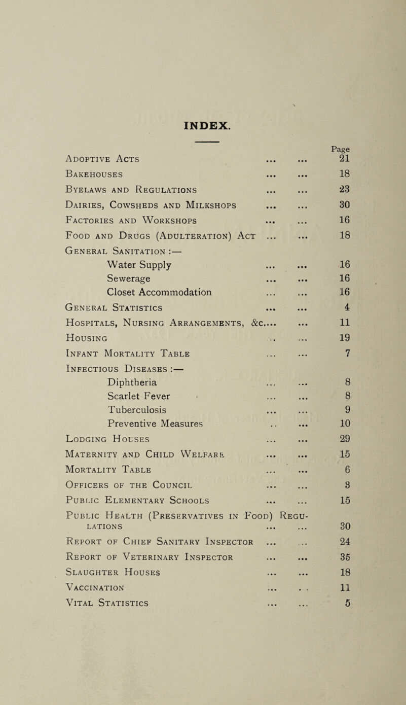 INDEX. Page Adoptive Acts ... ... 21 Bakehouses ... ... 18 Byelaws and Regulations ... ... 23 Dairies, Cowsheds and Milkshops . 30 Factories and Workshops ... ... 16 Food and Drugs (Adulteration) Act ... ... 18 General Sanitation :— Water Supply ... ... 16 Sewerage ... ... 16 Closet Accommodation ... ... 16 General Statistics ... ... 4 Hospitals, Nursing Arrangements, &c.... ... 11 Housing .. ... 19 Infant Mortality Table ... ... 7 Infectious Diseases :— Diphtheria ... ... 8 Scarlet Fever • ...... 8 Tuberculosis ... ... 9 Preventive Measures ., ... 10 Lodging Houses ... ... 29 Maternity and Child Welfare ... ... 15 Mortality Table ... ... 6 Officers of the Council ... ... 3 PuBiTc Elementary Schools ... ... 15 Public Health (Preservatives in Food) Regu¬ lations ... ... 30 Report of Chief Sanitary Inspector ... ... 24 Report of Veterinary Inspector ... ... 35 Slaughter Houses ... ... 18 Vaccination ... . , 11 Vital Statistics ... ... 5