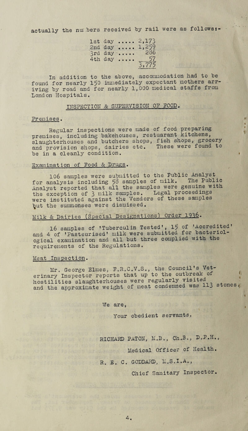 actually the numbers received hy rail were as follows:- 1st day 2nd day 3rd day 4th day __,5Z 3,77? In addition to the above, acconiiiodation had to he found for nearly 15^ immediately expectant mothers arr¬ iving hy road and for nearly 1,000 medical staffs from London Hospitals. INSPECT I OH & SUPLRVISIOIT OiF POOD Premises. Regular inspections were made of food preparing premises, including bakehouses, restuarant kitchens, slaughterhouses and butchers shops, fish shops, grocery and provision shops, dairies etc. These v;ere found to be in a cleanly condition. « Examination of Food & Drugs. 106 samples were submitted to the Public Analyst_ for analysis including 5^ samples of milk. ihe Public Analyst reported that all the samples were genuine with the exception of 3 milk samples. Legal proceedings were instituted against the Vendors of these samples ljut the summonses were dismissed. Milk & Dairies (Special Designations) Order 1936. l6 samples of ’Tuberculin Tested’, 15 ’Accredited and 4 of ’Pasteurised’ milk were submitted for bacteriol¬ ogical examination and all but three complied with the requirements of the Regulations. Meat Inspection. Mr. George Elmes, E.R.C.V.S., the Council’s Vet¬ erinary Inspector reports that up to the outbreak of hostilities slaughterhouses were regularly visited and the approximate weight of meat condemned was 3 s ones^ V/e are, Your obedient servants,. RICHARD PATCH, M.B,, Ch.B., D.P.H., Medical Officer of Health. R. E. C. GODDARD, M.S.I.A,, Chief Sanitary Inspector.
