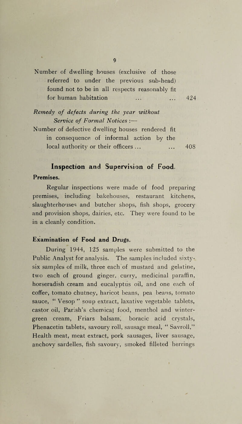 Number of dwelling houses (exclusive of those referred to under the previous sub-head) found not to be in all respects reasonably fit for human habitation ... ... 424 Remedy of defects during the year without Service of Formal Notices :— Number of defective dwelling houses rendered fit in consequence of informal action by the local authority or their officers ... ... 408 Inspection and Supervision of Food. Premises. Regular inspections were made of food preparing premises, including bakehouses, restaurant kitchens, slaughterhouses and butcher shops, fish shops, grocery and provision shops, dairies, etc. They were found to be in a cleanly condition. Examination of Food and Drugs. During 1944, 125 samples were submitted to the Public Analyst for analysis. The samples included sixty- six samples of milk, three each of mustard and gelatine, two each of ground ginger, curry, medicinal paraffin, horseradish cream and eucalyptus oil, and one each of coffee, tomato chutney, haricot beans, pea beans, tomato sauce, “ Vesop ” soup extract, laxative vegetable tablets, castor oil, Parish’s chemical food, menthol and winter- green cream, Friars balsam, boracic acid crystals, Phenacetin tablets, savoury roll, sausage meal, “ Savroll,” Health meat, meat extract, pork sausages, liver sausage, anchovy sardelles, fish savoury, smoked filleted herrings